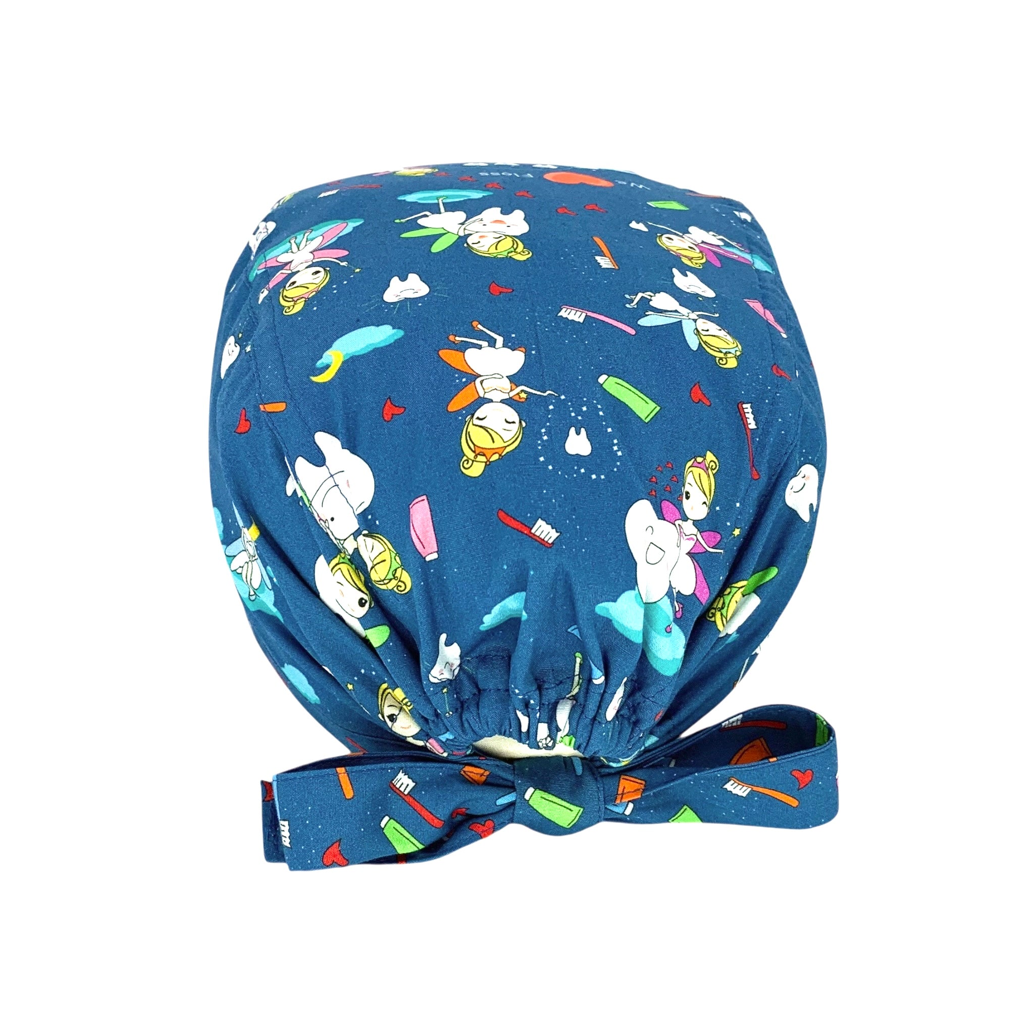 Cuffietta con deliziose fatine dei denti che giocano e si prendono cura di simpatici dentini. Sfondo blu medio