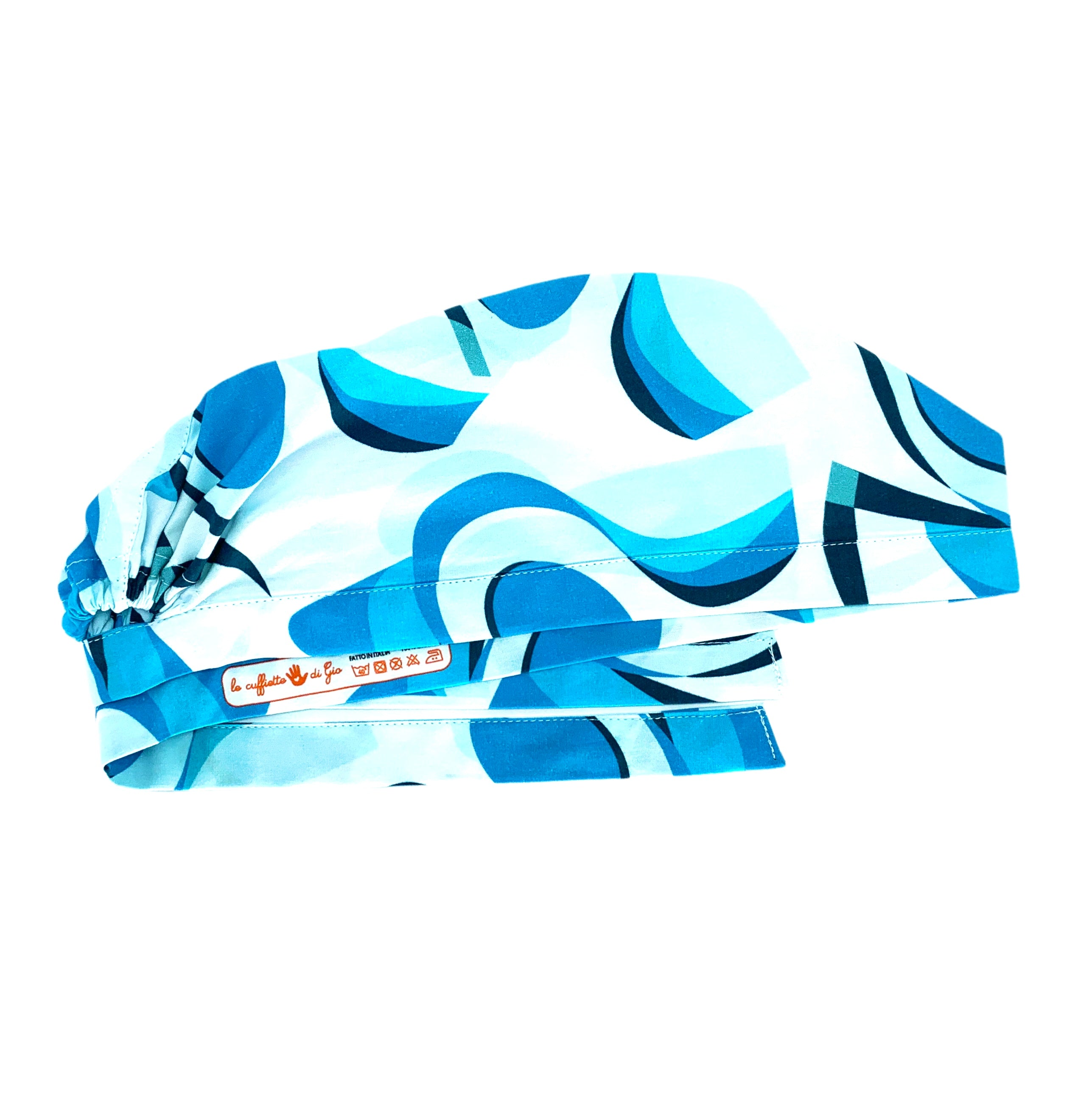 La riproduzione della cuffietta indossata dalla Dott.sa Addison Montgomery in Grey's Anatomy, con disegni astratti in varie tonalità di blu e azzurro su sfondo bianco