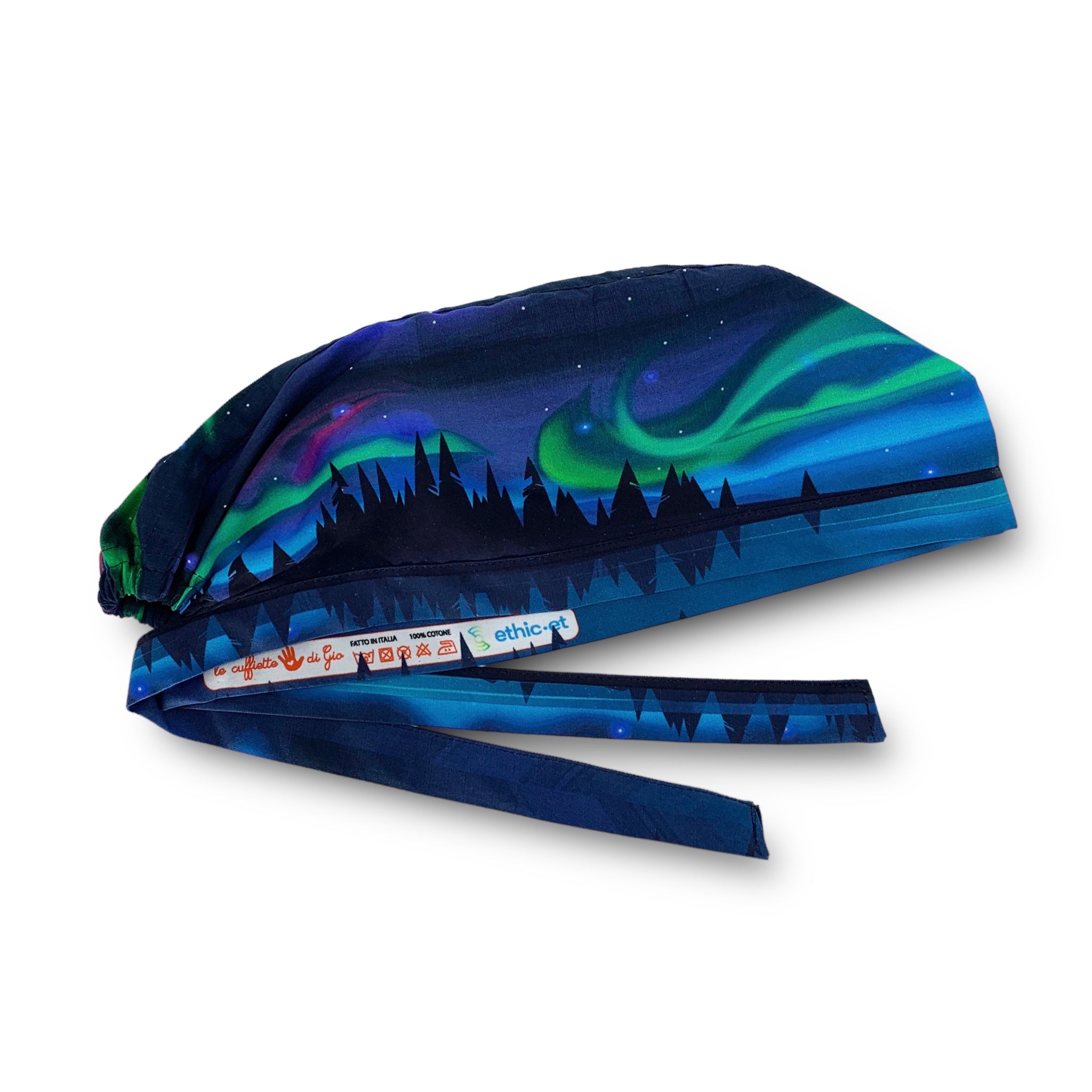 Un panorama mozzafiato, luci colorate squarciano il cielo scuro della notte di un'aurora boreale sullo sfondo alberi