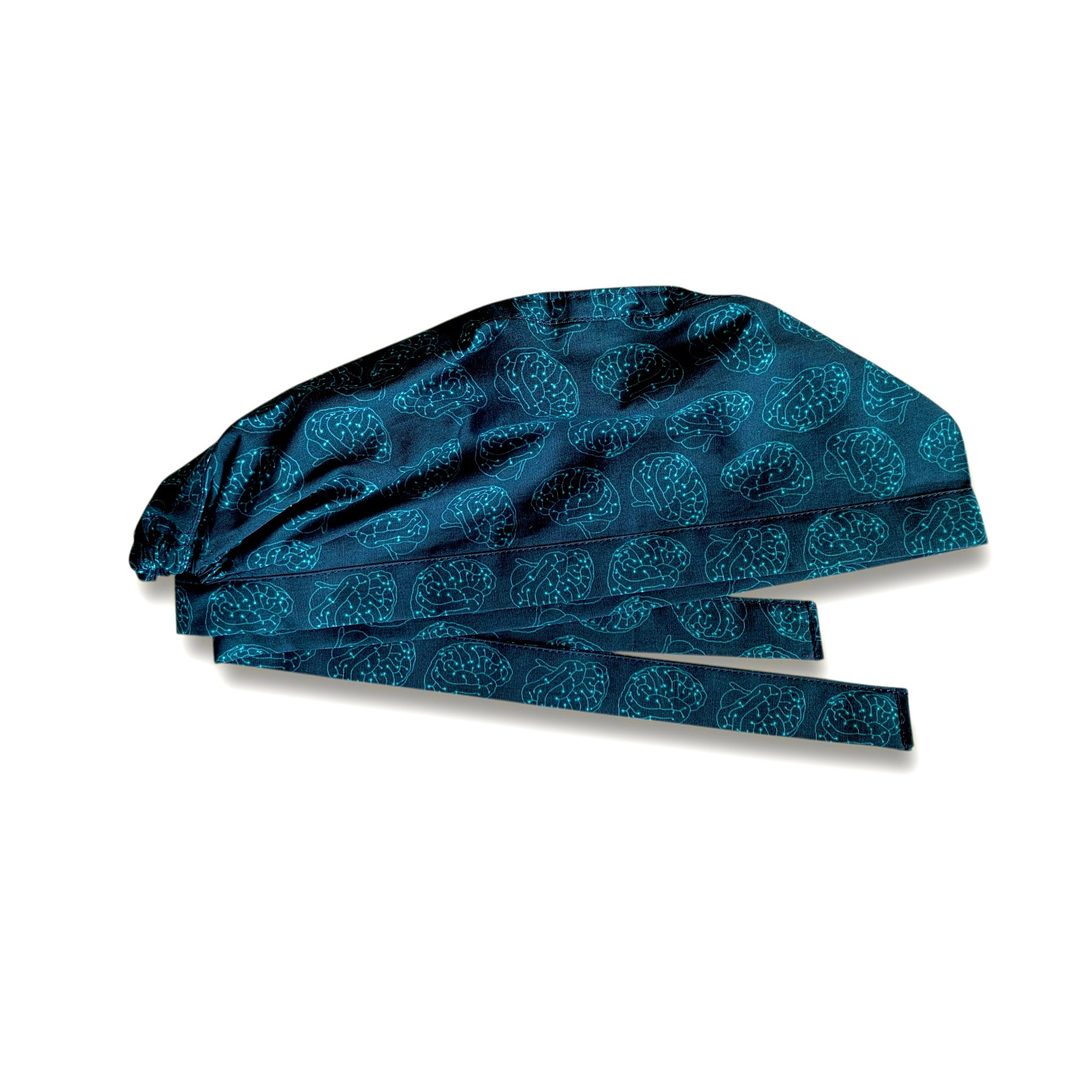 Una cuffietta chirurgica dedicata alla neurochirurgia: il cervello stilizzato in versione elettronica in colore azzurro su sfondo blu scuro