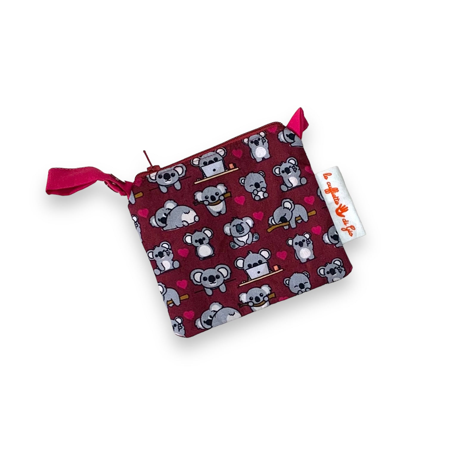 Borsellino portamonete con koala e cuoricini su sfondo bordeaux