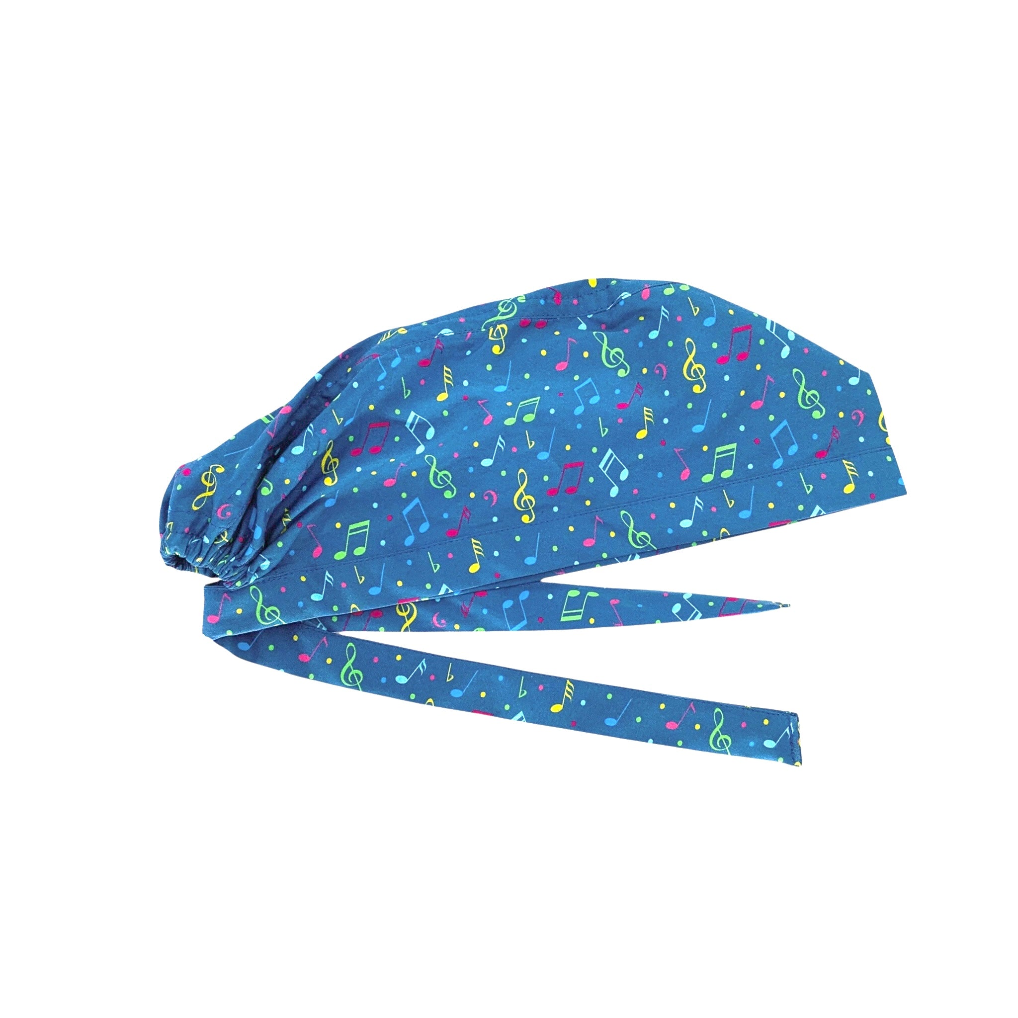 Cuffietta chirurgica con note musicali colorate sparse su sfondo blu medio