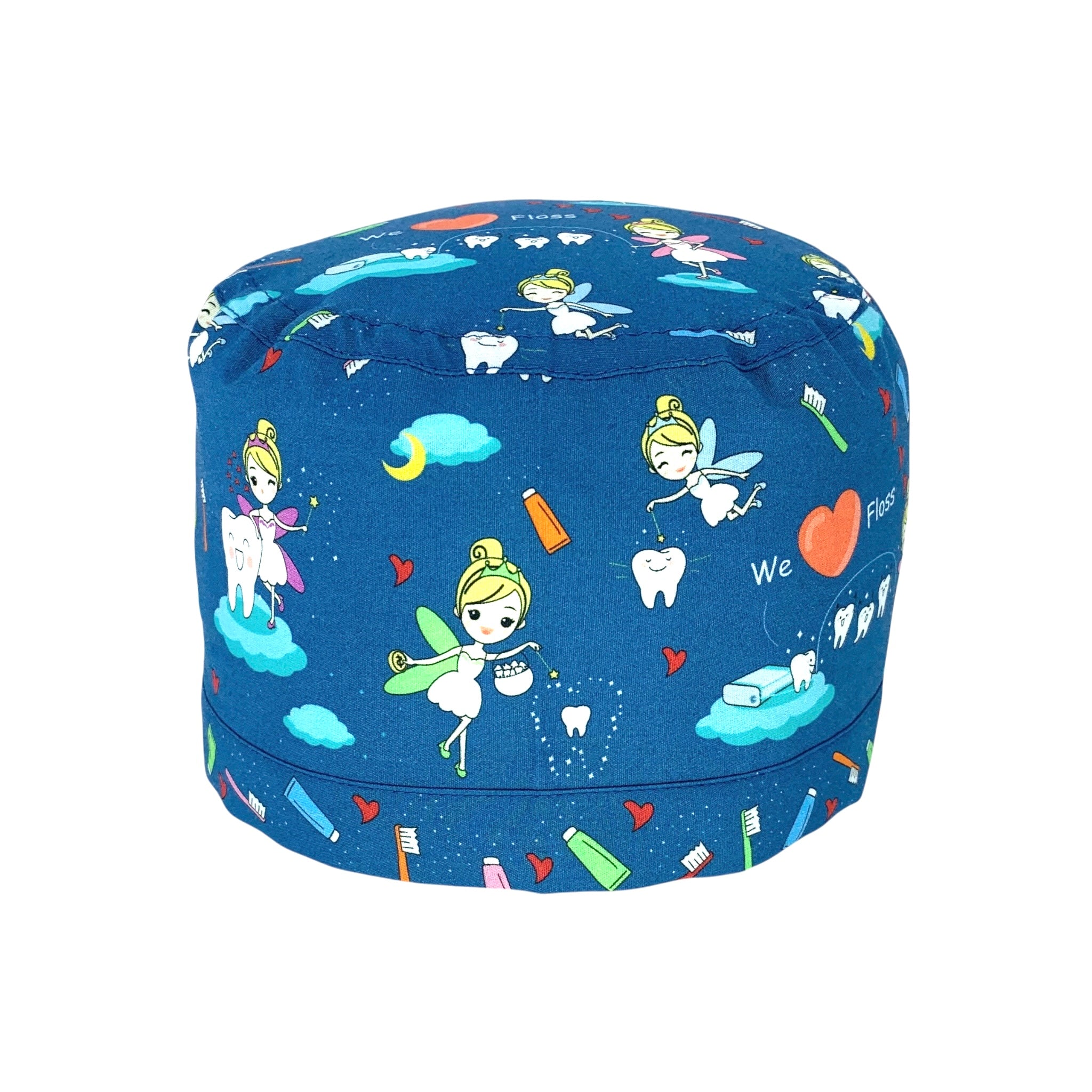 Cuffietta con deliziose fatine dei denti che giocano e si prendono cura di simpatici dentini. Sfondo blu medio