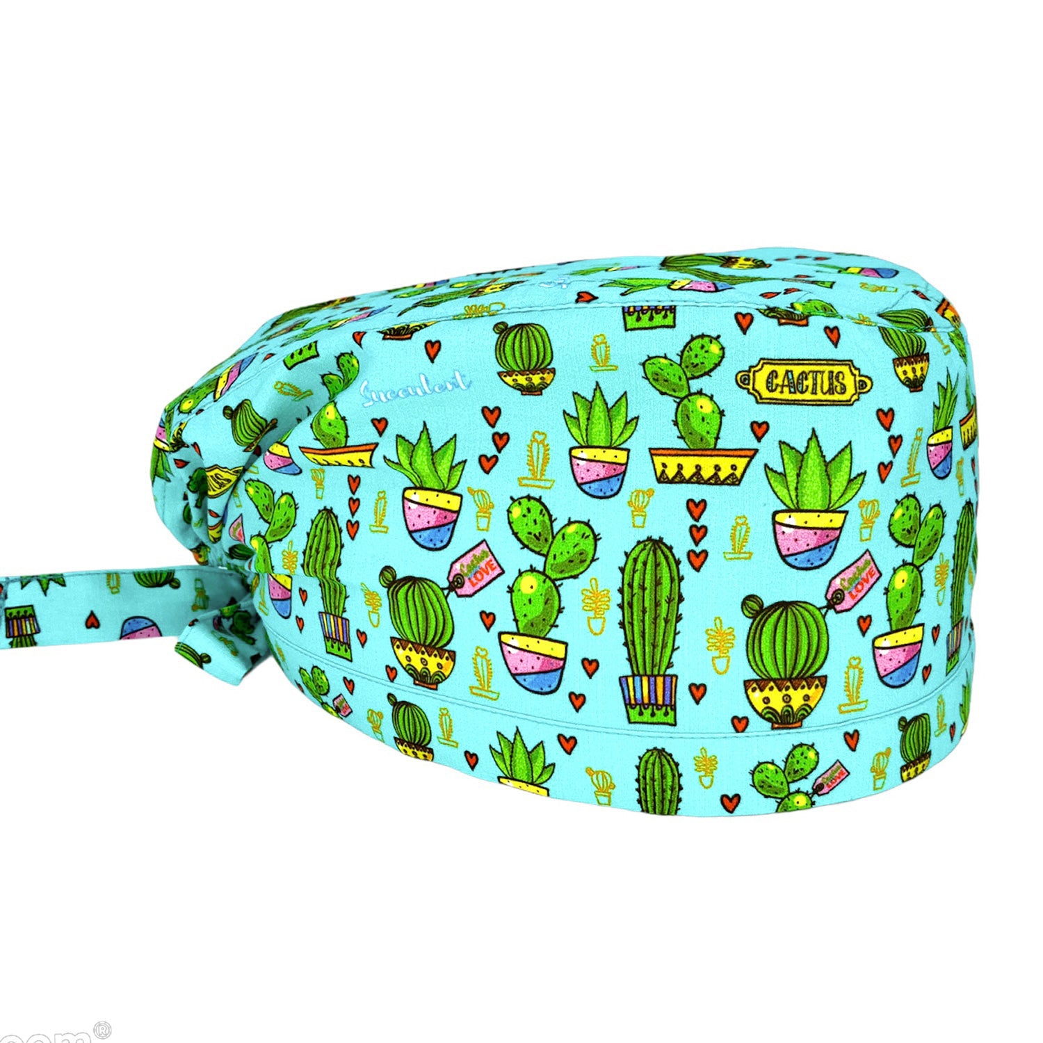 Deliziosi vasi con piante di cactus di varie forme e misure si alternano a piccoli cuoricini, come farne a meno? Sfondo azzurro acqua