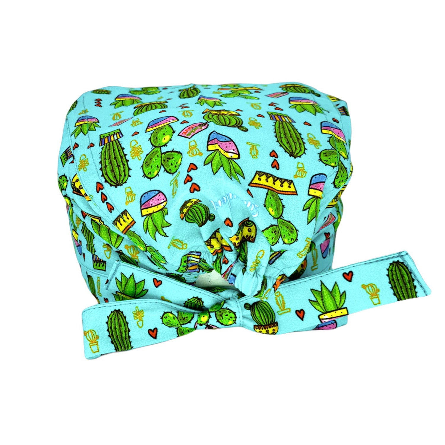 Deliziosi vasi con piante di cactus di varie forme e misure si alternano a piccoli cuoricini, come farne a meno? Sfondo azzurro acqua