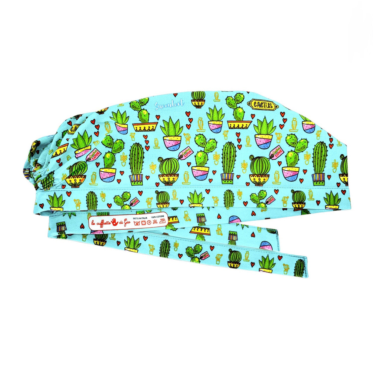 Deliziosi vasi con piante di cactus di varie forme e misure si alternano a piccoli cuoricini, come farne a meno? Sfondo azzurro acqua