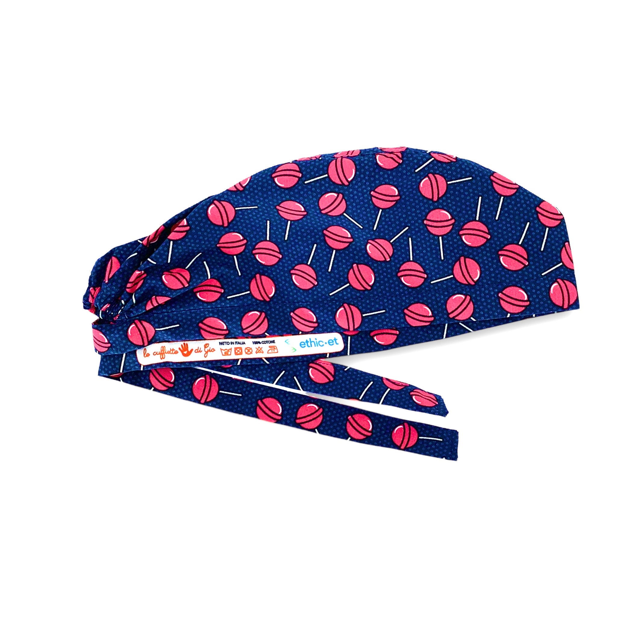 La cuffietta chirurgica ideale per i fanatici dei lecca lecca! Una distesa di chupa chups su sfondo blu