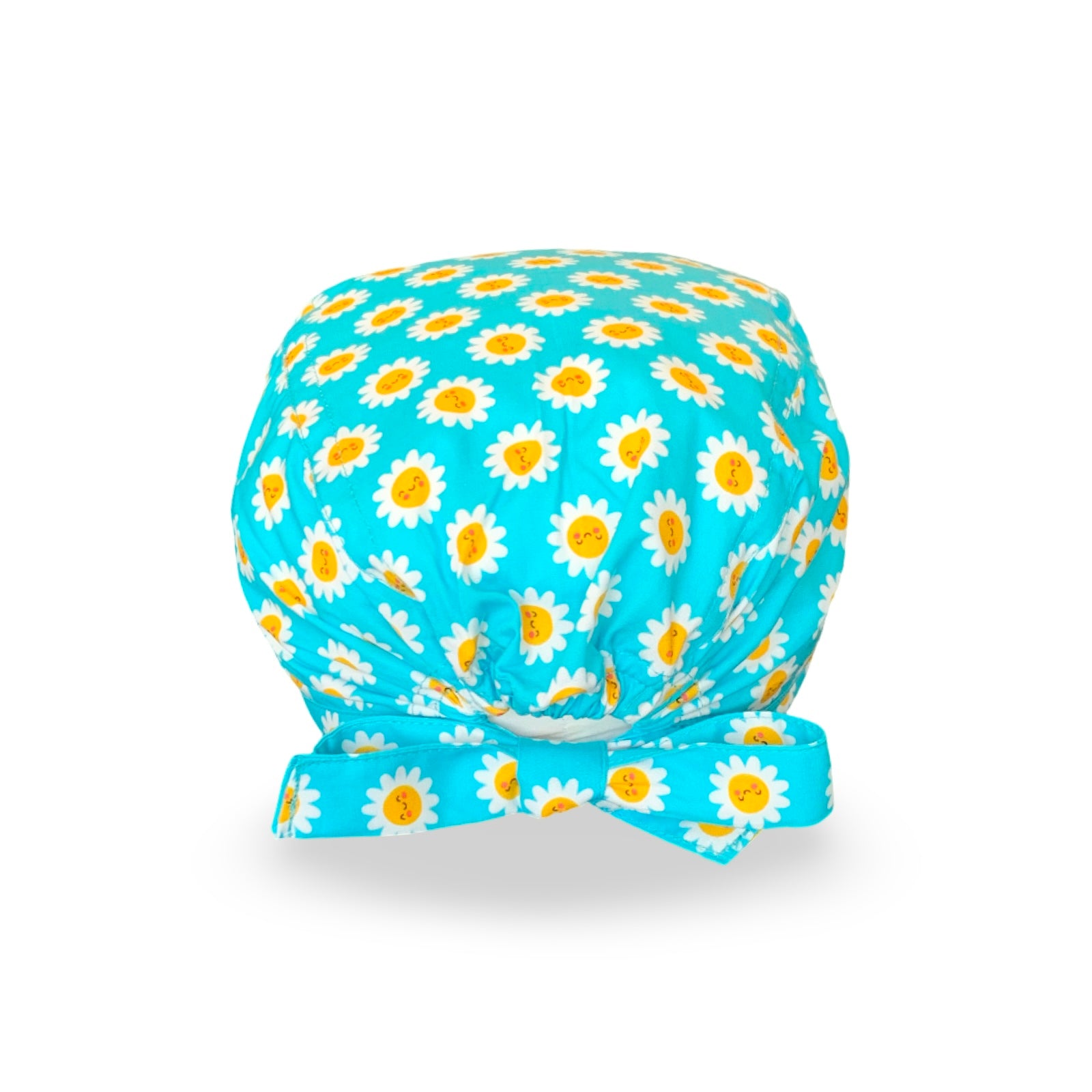 La bellezza di questa cuffietta chirurgica sta nella sua semplicità e nell'esplosività dei colori: piccole margherite con faccine sorridenti su sfondo lilla o turchese.
