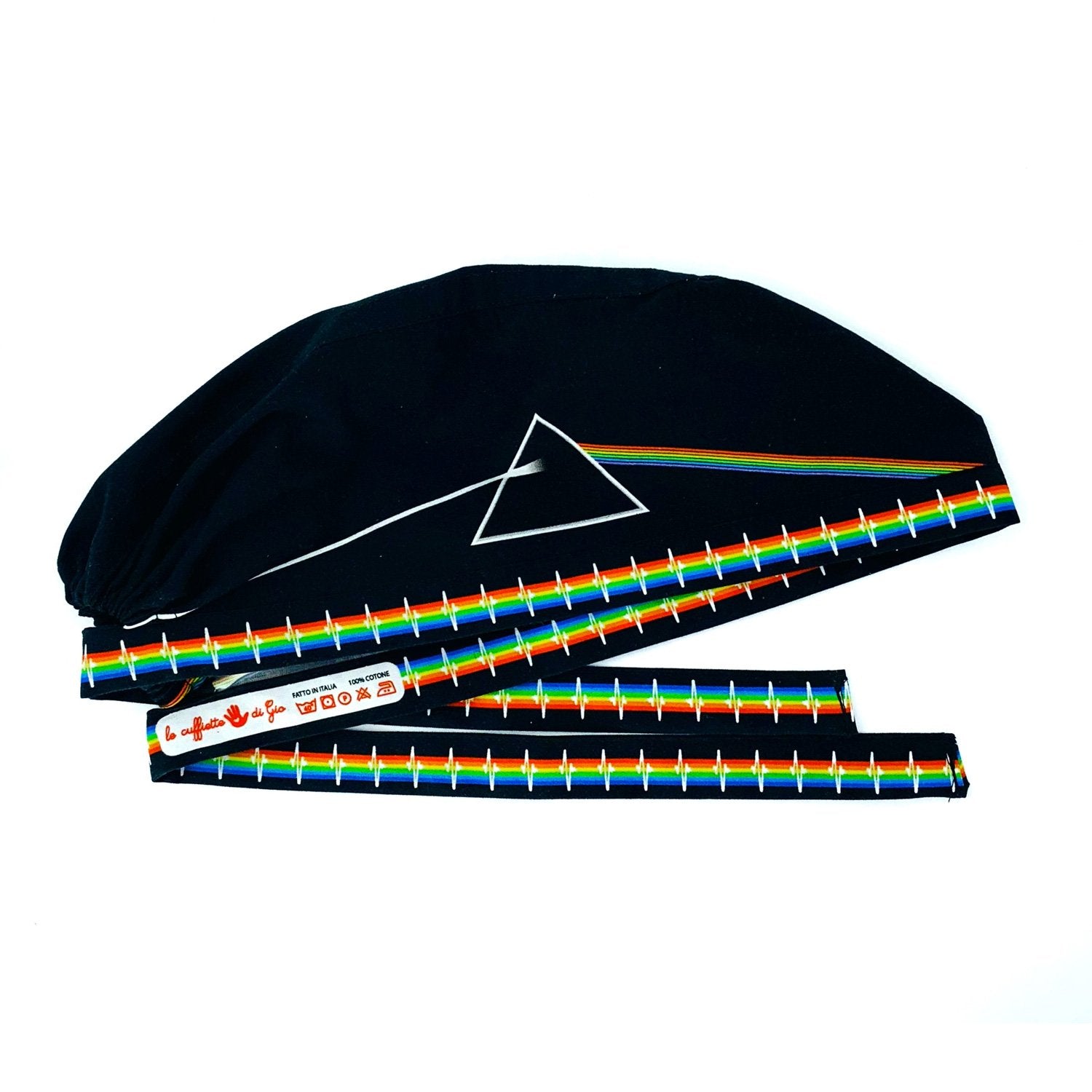 Il disegno inconfondibile per gli amanti della musica dell'album Dark Side of the Moon dei Pink Floyd, impreziosito da una fascetta con un tracciato ecg che richiama la professione medica