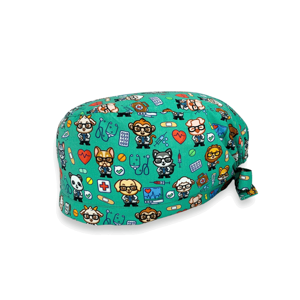 Una squadra irresistibile di animaletti dottori in camice! Sfondo di diversi colori: blu, azzurro, verde, grigio e bianco