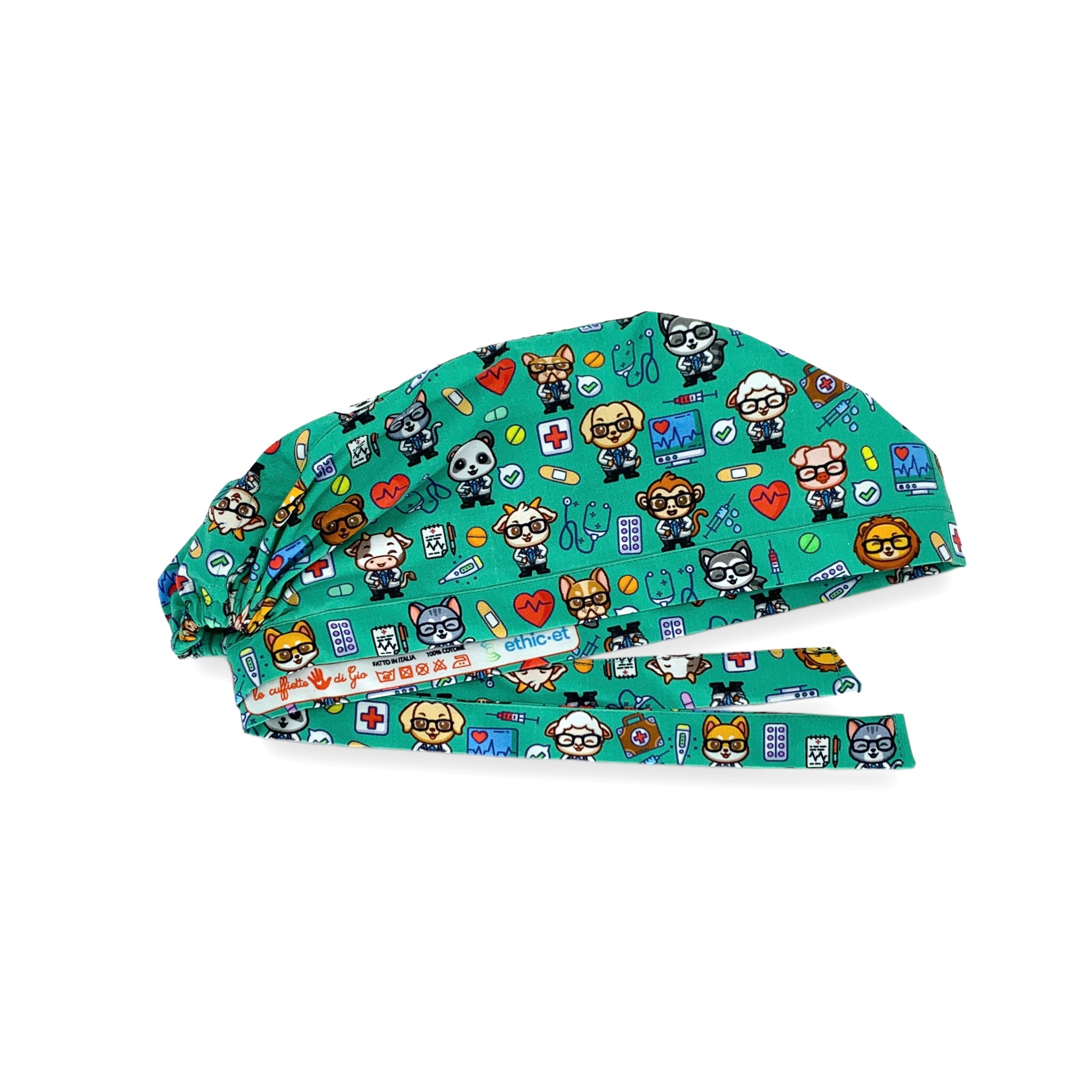 Una squadra irresistibile di animaletti dottori in camice! Sfondo verde chirurgico