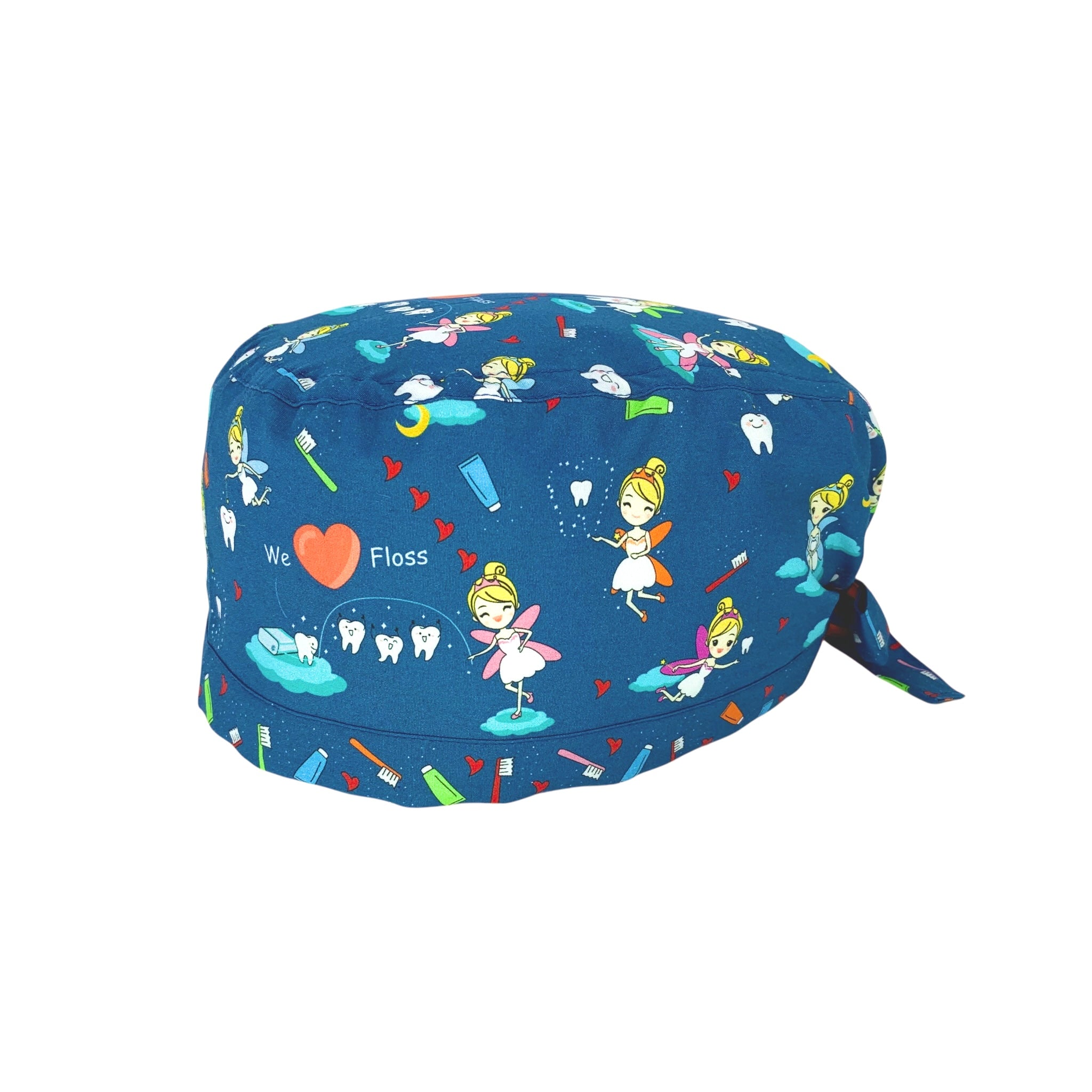 Cuffietta con deliziose fatine dei denti che giocano e si prendono cura di simpatici dentini. Sfondo blu medio