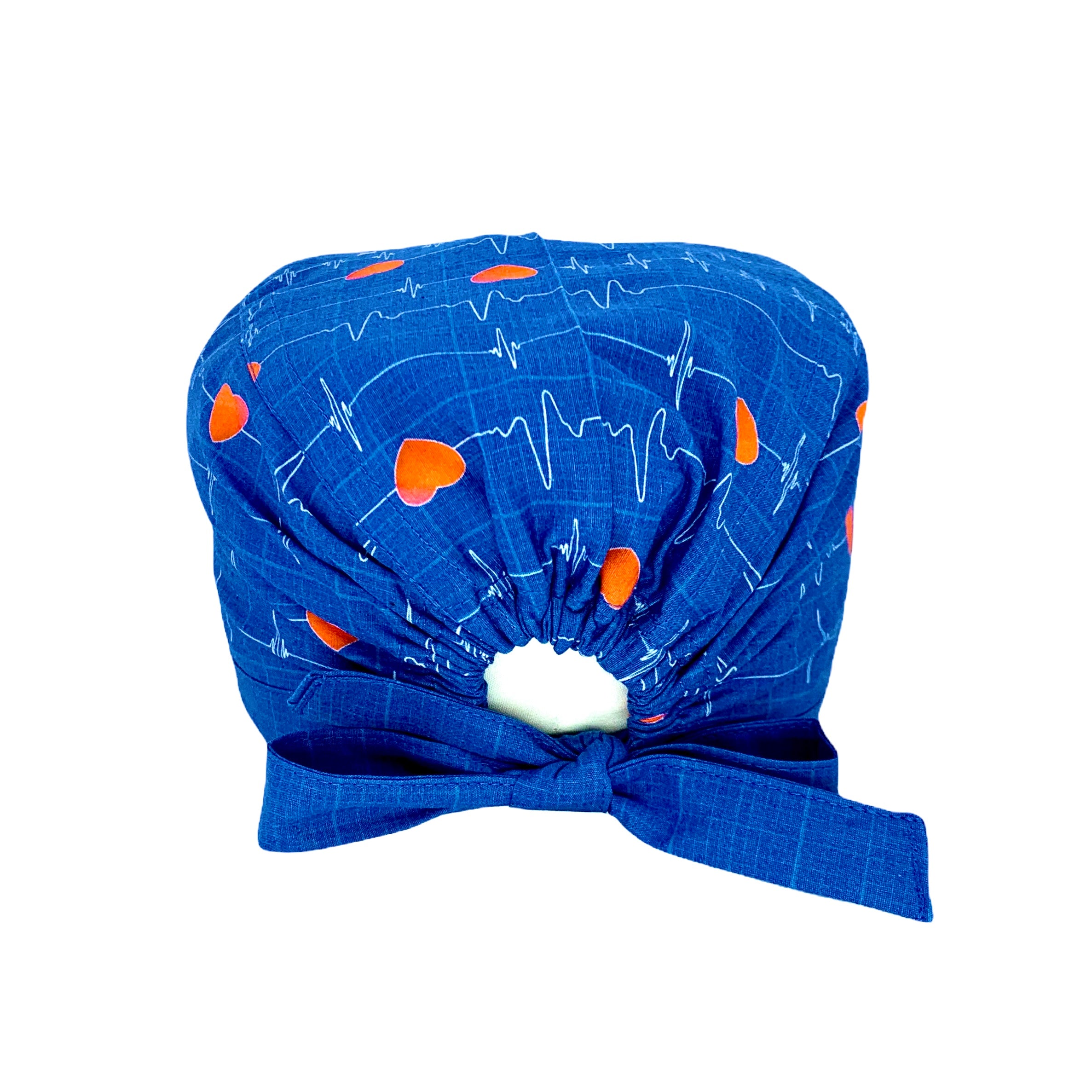 Cuffietta con tracciati ECG su base blu e piccoli cuori rossi.