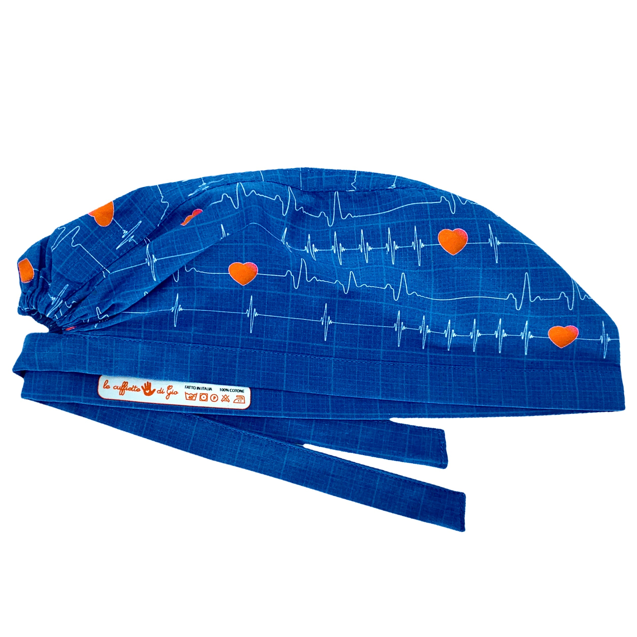 Cuffietta con tracciati ECG su base blu e piccoli cuori rossi.