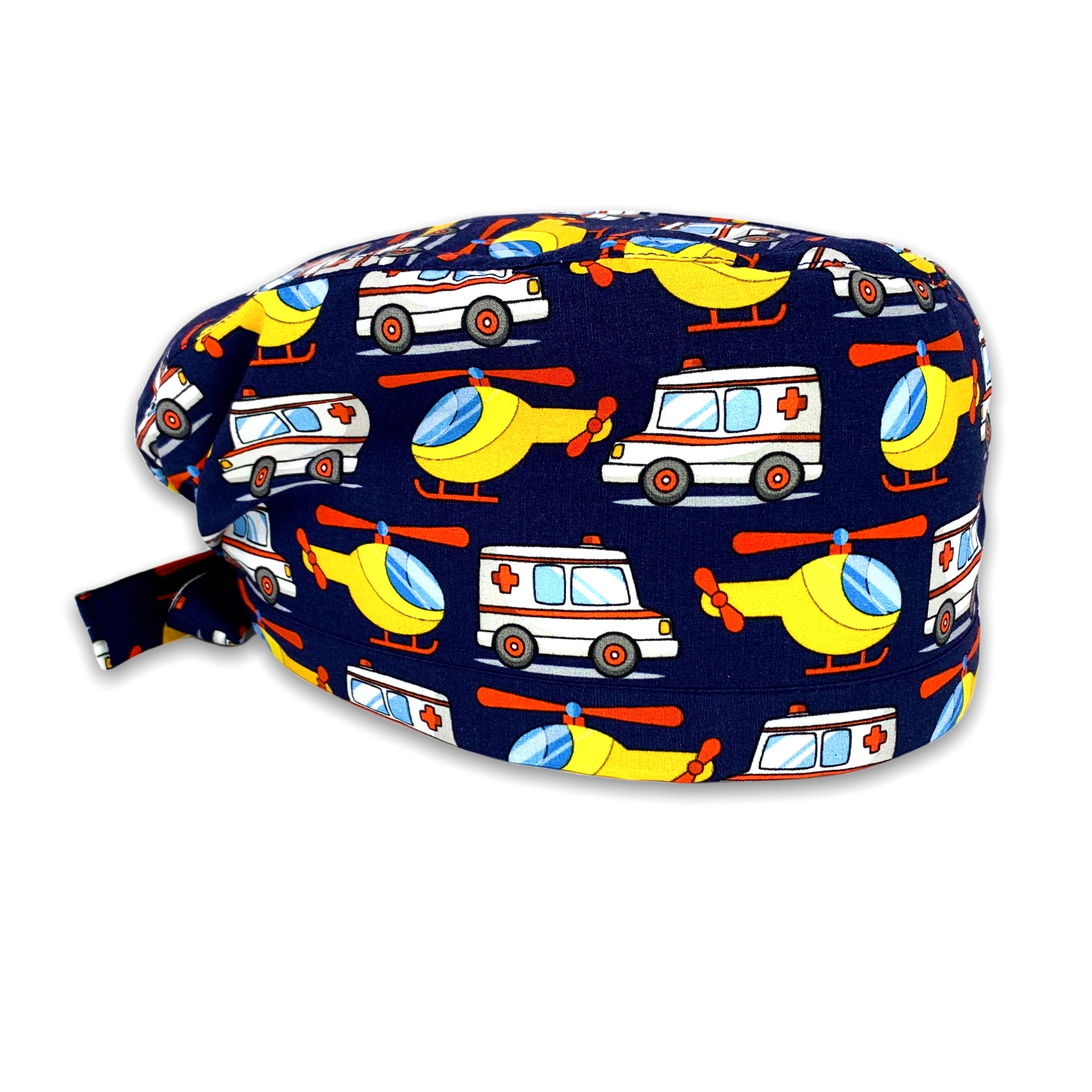 Cuffietta chirurgica con Elicottero e Ambulanza in versione cartoon su sfondo blu