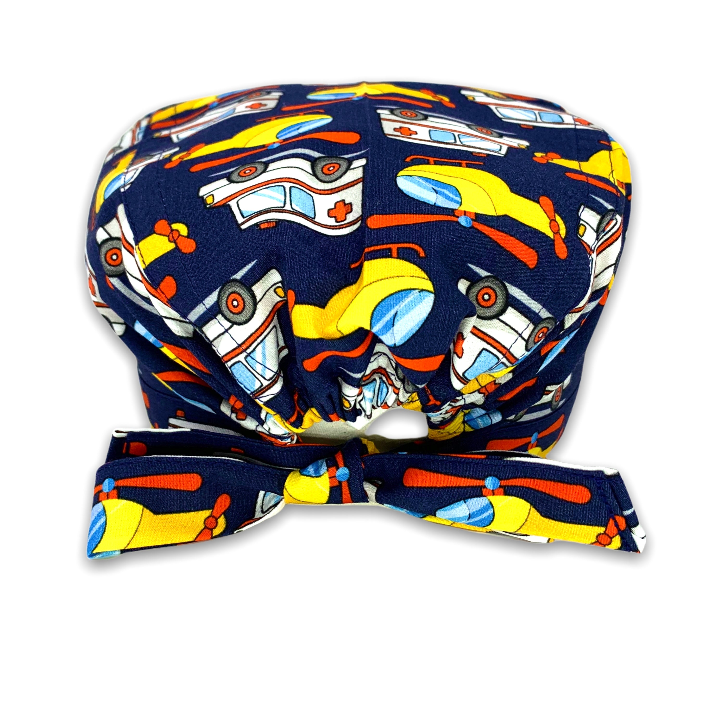 Cuffietta chirurgica con Elicottero e Ambulanza in versione cartoon su sfondo blu