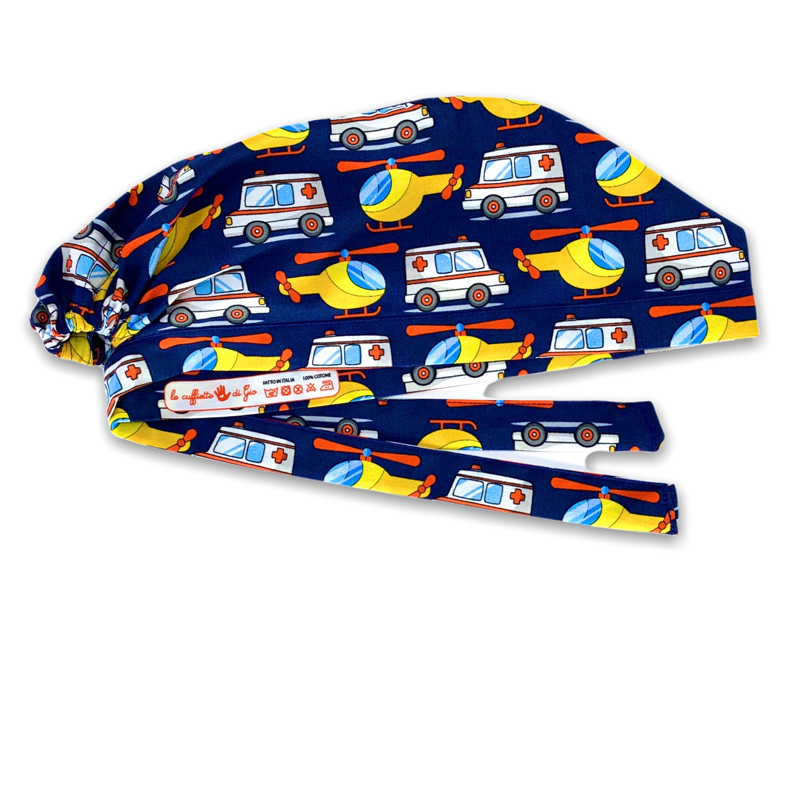 Cuffietta chirurgica con Elicottero e Ambulanza in versione cartoon su sfondo blu