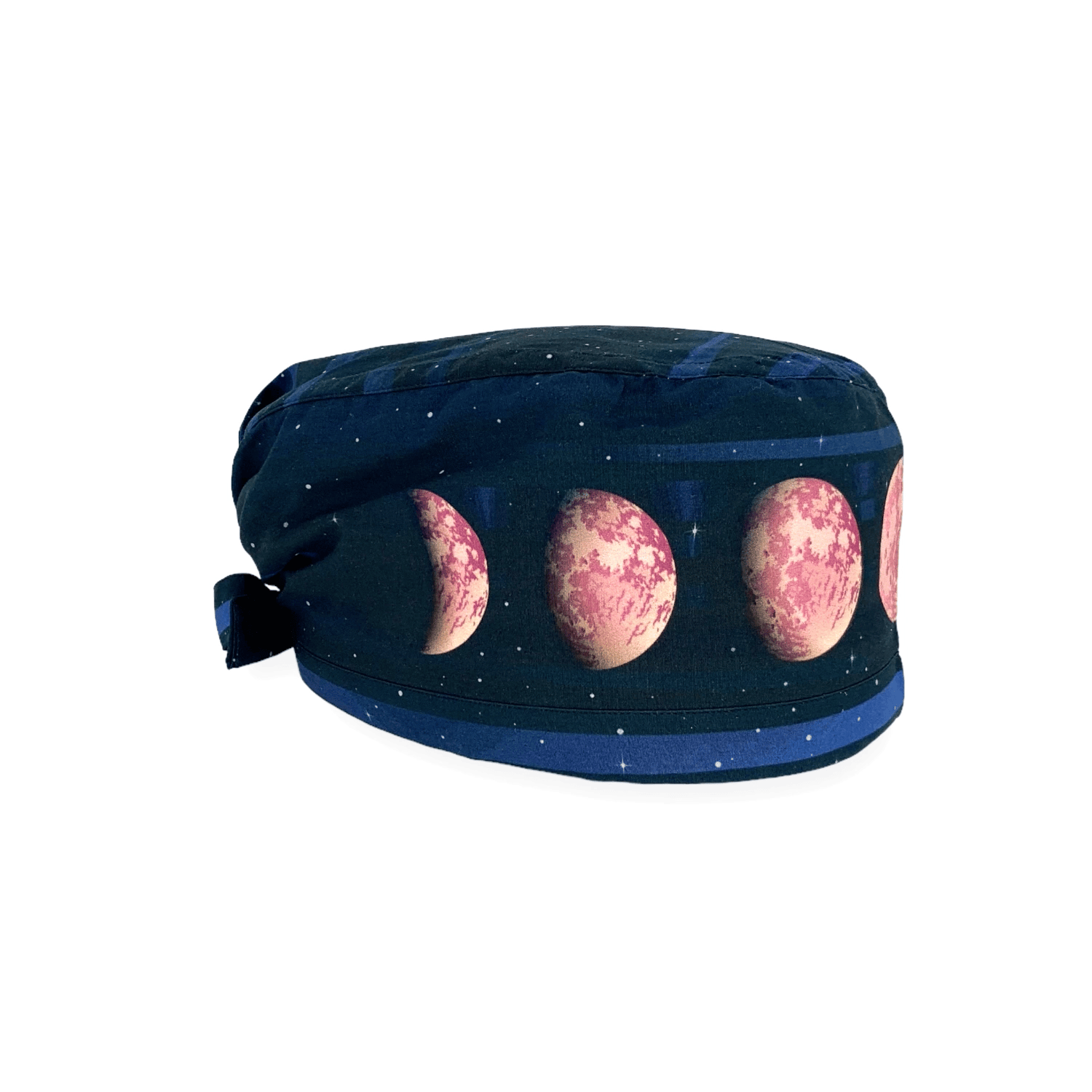 Cuffietta blu scuro con le fe fasi lunari sul cornicione della cuffietta. Una stampa incredibile che fa sembrare la luna tridimensionale. A scelta luna argento o luna rosa