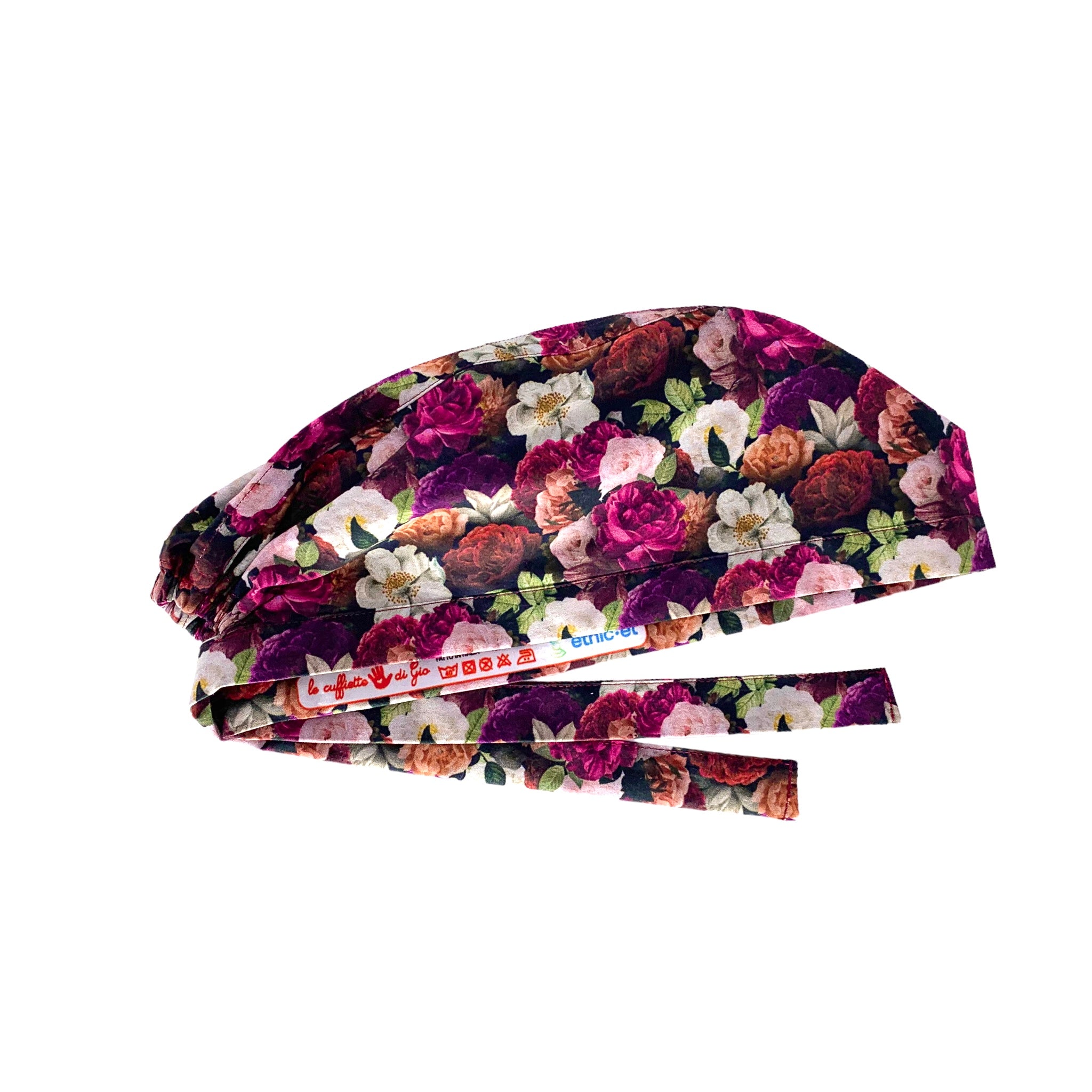 Cuffietta chirurgica con pattern di fiori dipinti ad acquerello nelle calde tonalità dei bordeaux, che ricordano le atmosfere vittoriane