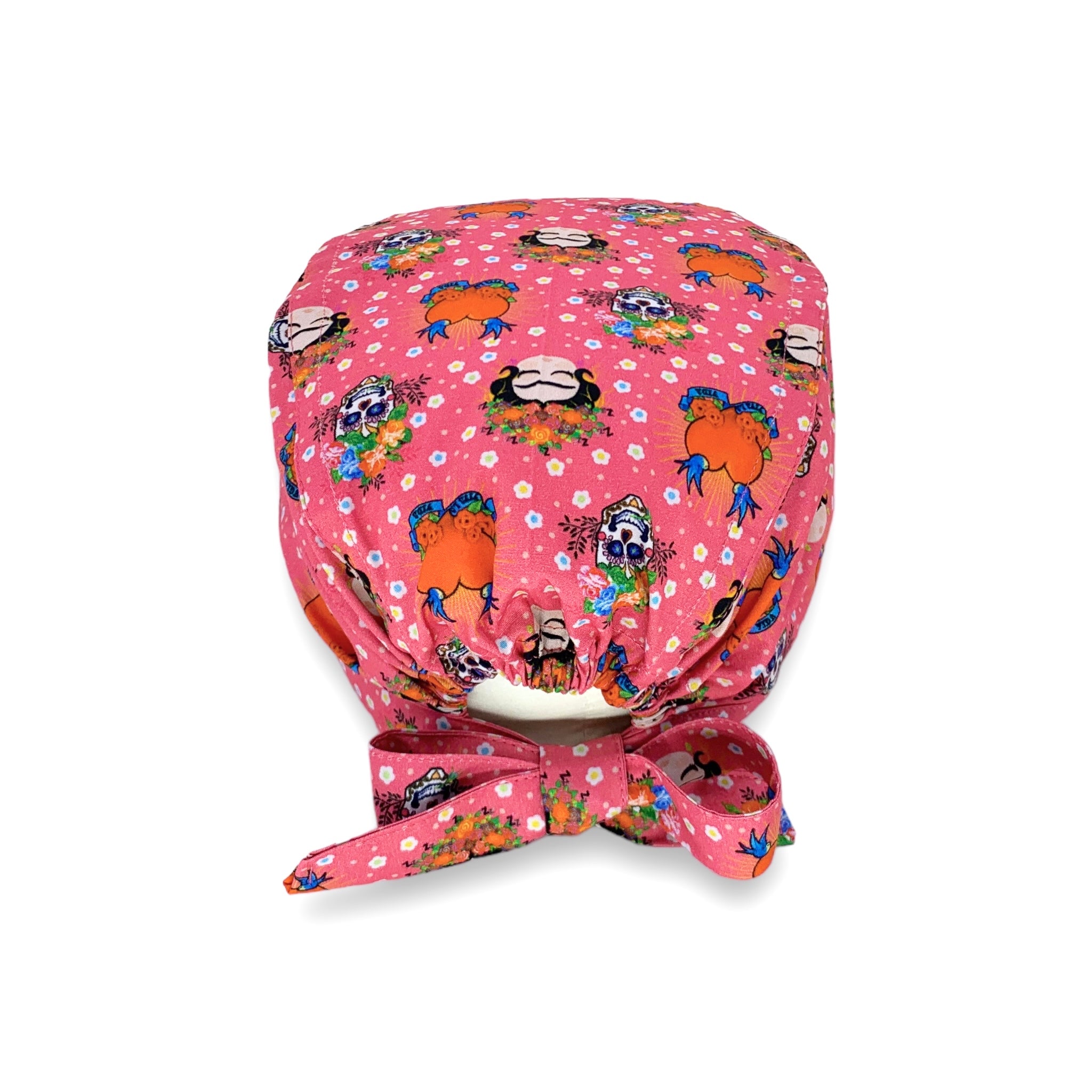 Cuffietta medica che rappresenta un volto iconico della storia dell'arte e della cultura mondiale, quello di Frida Khalo e alcuni simboli che rappresentano la sua storia, il teschio e la frase "Viva la Vida"