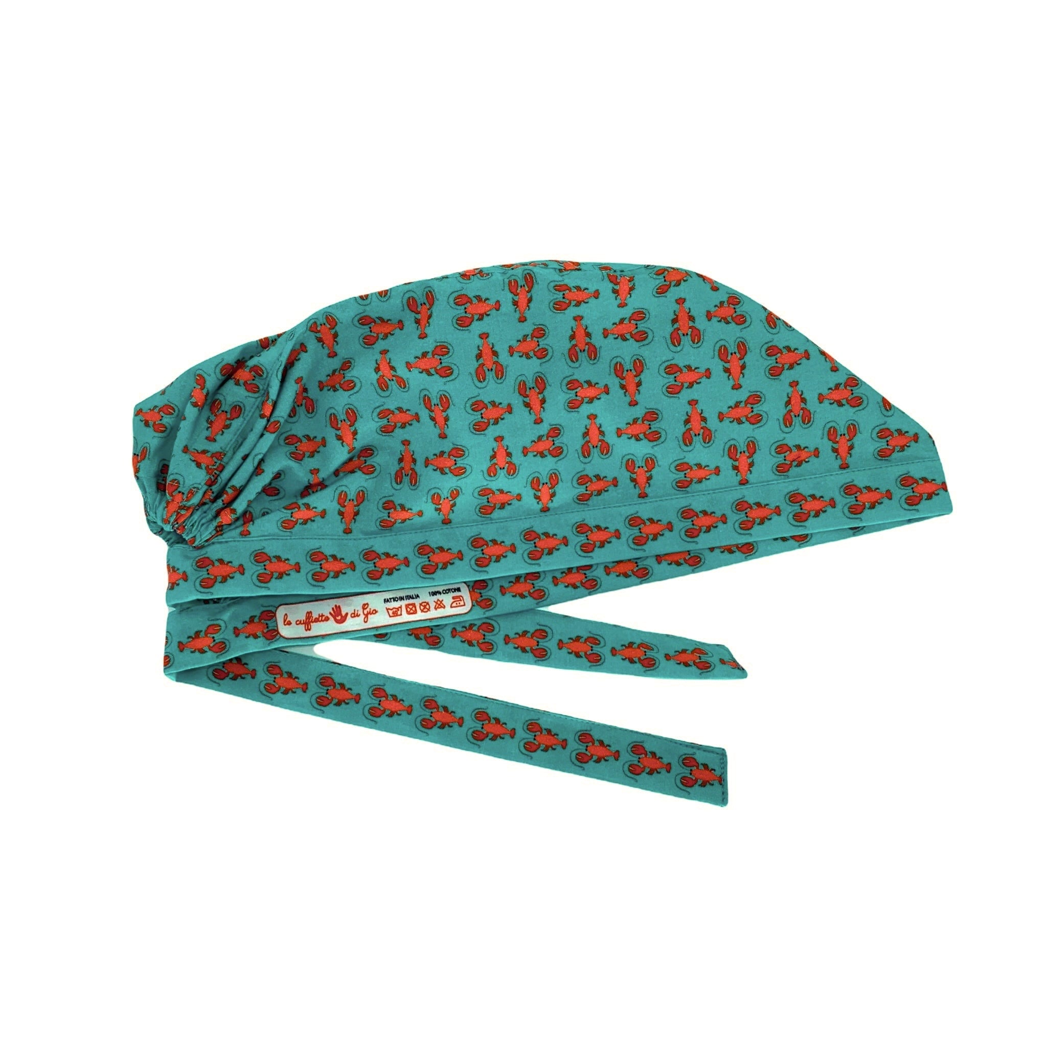 Tante piccole aragoste in un pattern geometrico su sfondo verde acqua, per una cuffietta simpatica ed elegante al tempo stesso.
