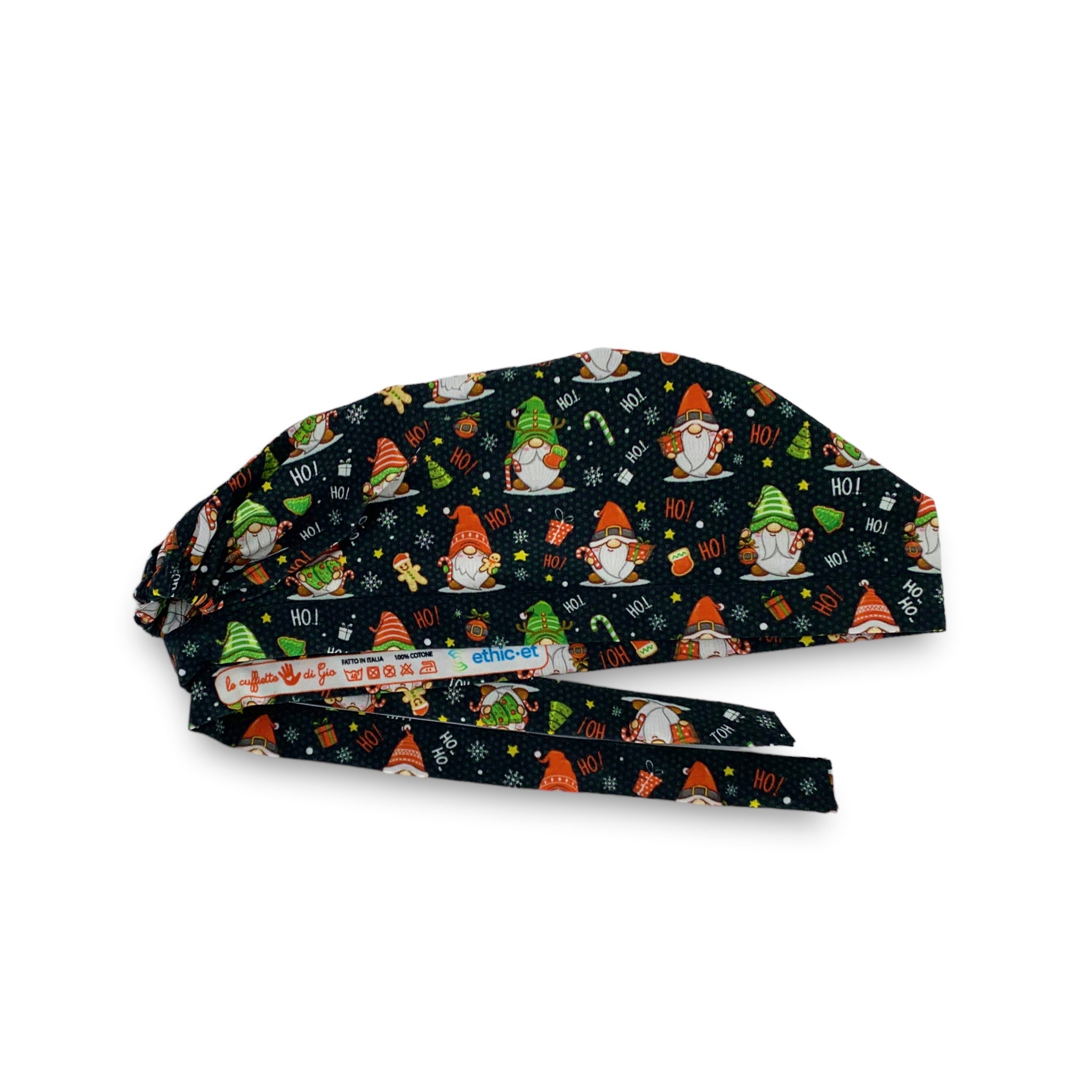 Cuffietta chirurgica nera con gnomi elfi di Babbo Natale verdi e rossi, fiocchi di neve bianchi che cantano ho ho ho