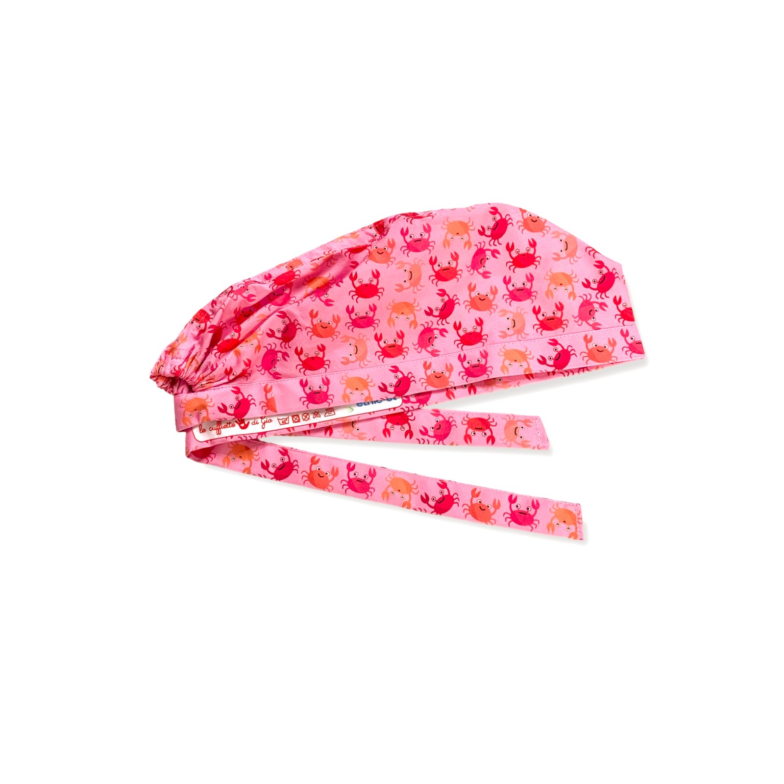 Una cuffia chirurgica simpatica ed elegante al tempo stesso, con una miriade di granchietti colorati tono su tono rispetto alla base rosa