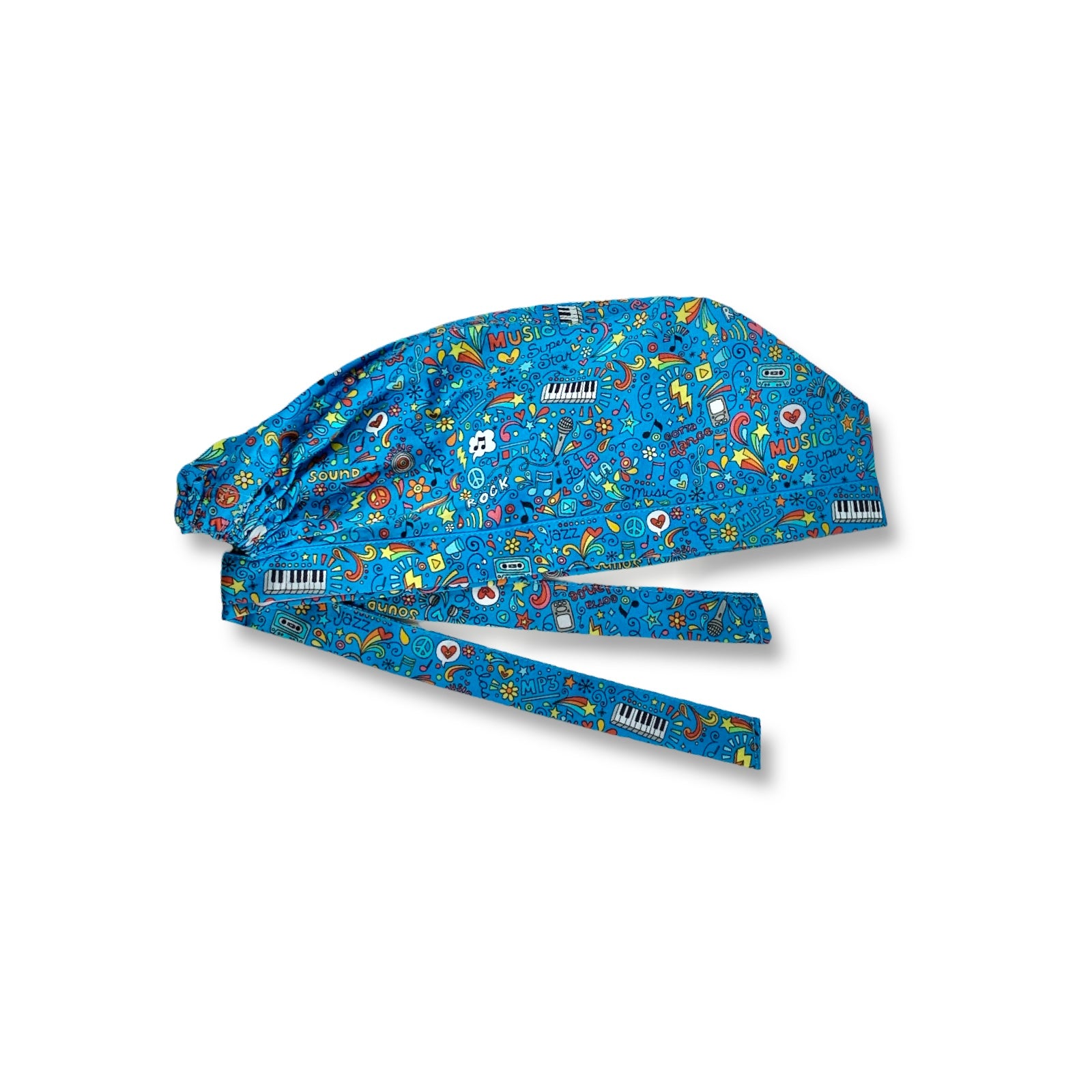 Una compilation di colori imperdibili per questa cuffietta chirurgica che celebra l'amore per la musica in tutte le sue forme, con un accattivante e ricchissima grafica pop, su sfondo azzurro intenso.