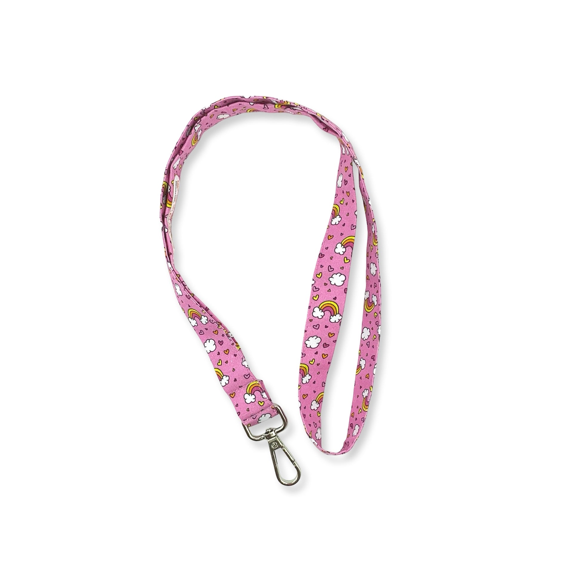 Una fascetta da collo portabadge con tanti piccoli arcobaleni; sfondo rosa, è lunga 45 cm e corredata di moschettone in metallo separabile per il lavaggio grazie al bottone automatico