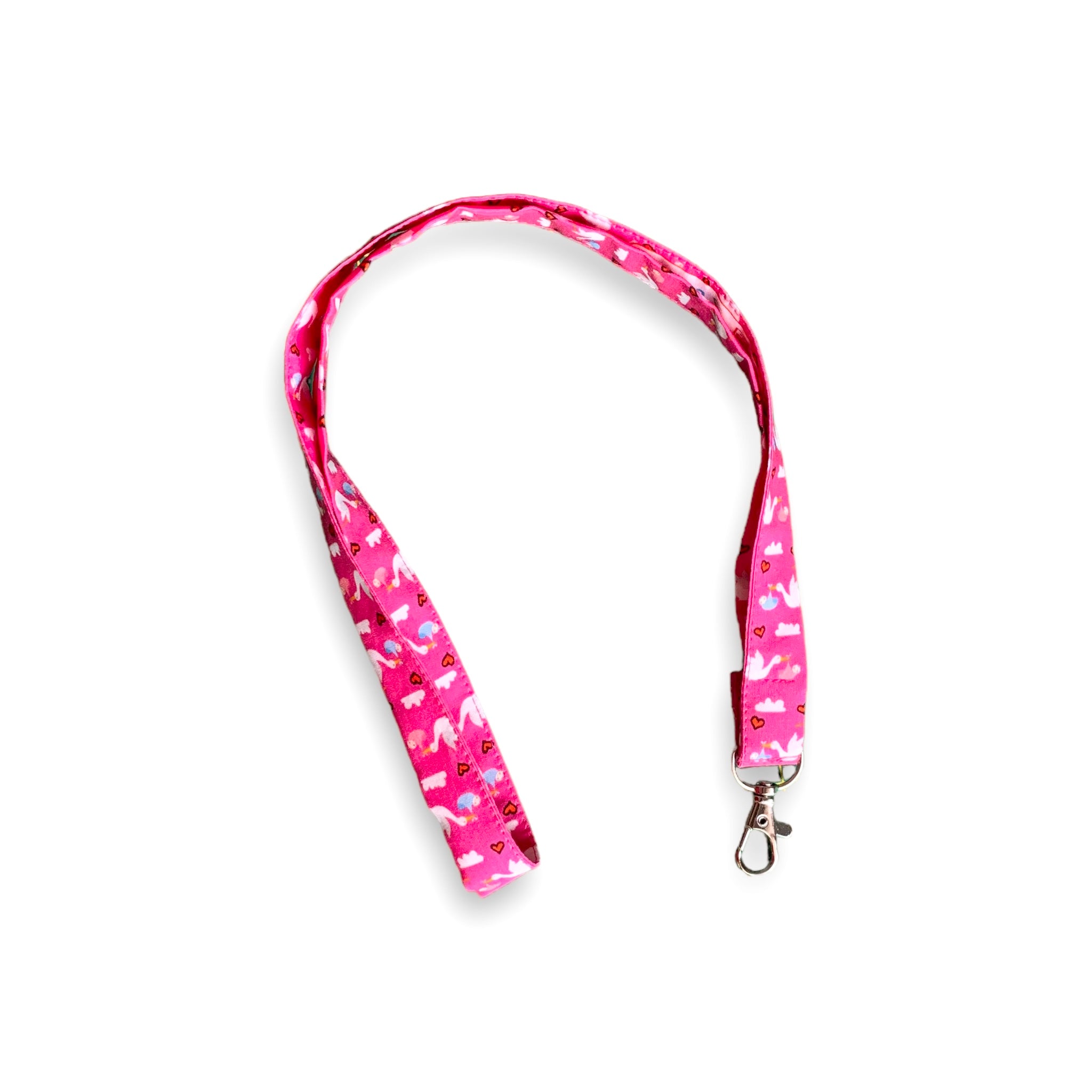 Una fascetta da collo portabadge con tante delicate apine svolazzanti su sfondo azzurro o giallo, lunga 45 cm e corredata di moschettone in metallo separabile per il lavaggio grazie al bottone automatico