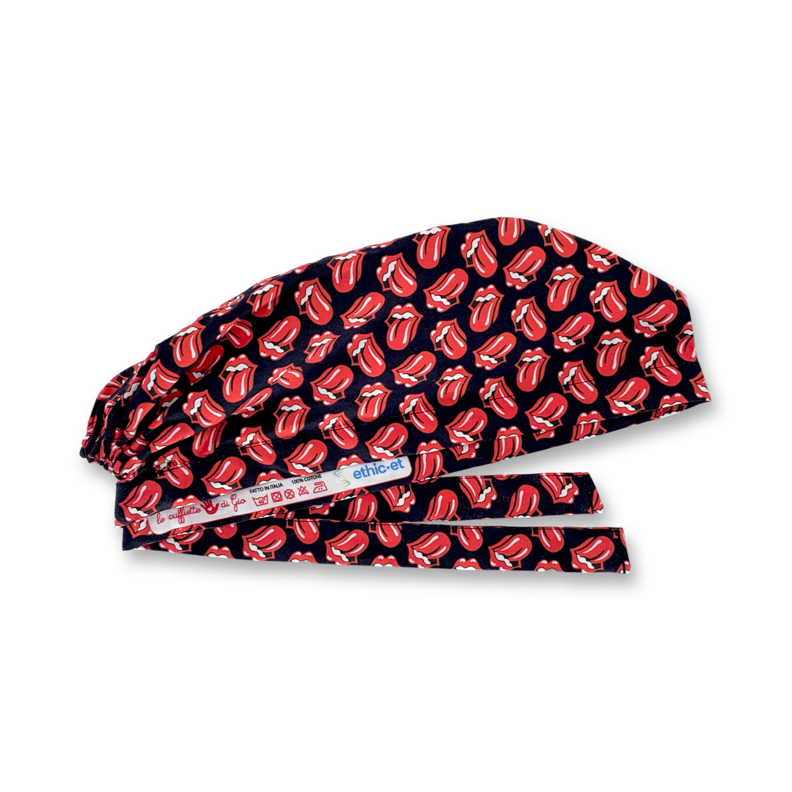 Cuffia chirurgica con l'iconica linguaccia rossa su campo nero che è simbolo del rock.