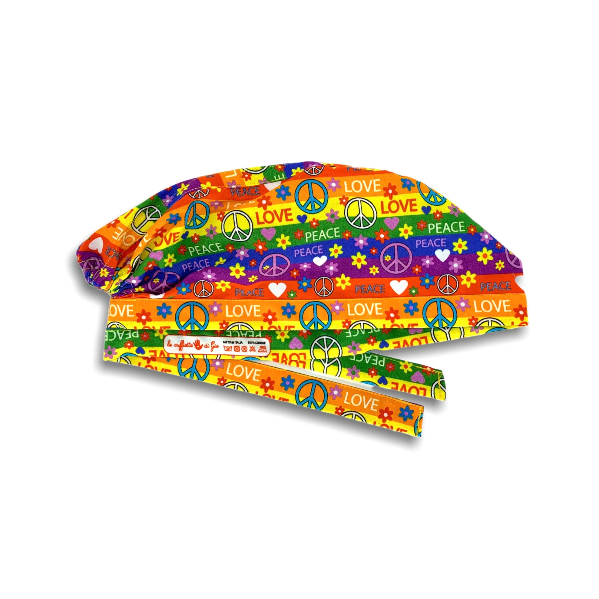 Una cuffietta che ha per sfondo i colori della bandiera della pace e celebra l'amore con disegni ispirati agli anni settanta