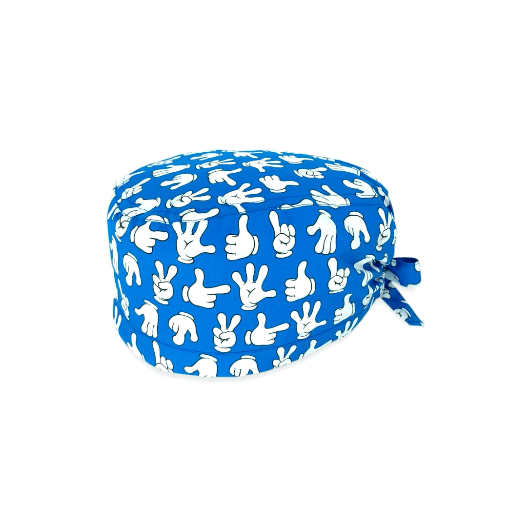Cuffietta chirurgica con le mani del topo cartoon più famoso del mondo! Splendidi i colori di sfondo, blu elettrico o rosso, che le esaltano in pieno!
