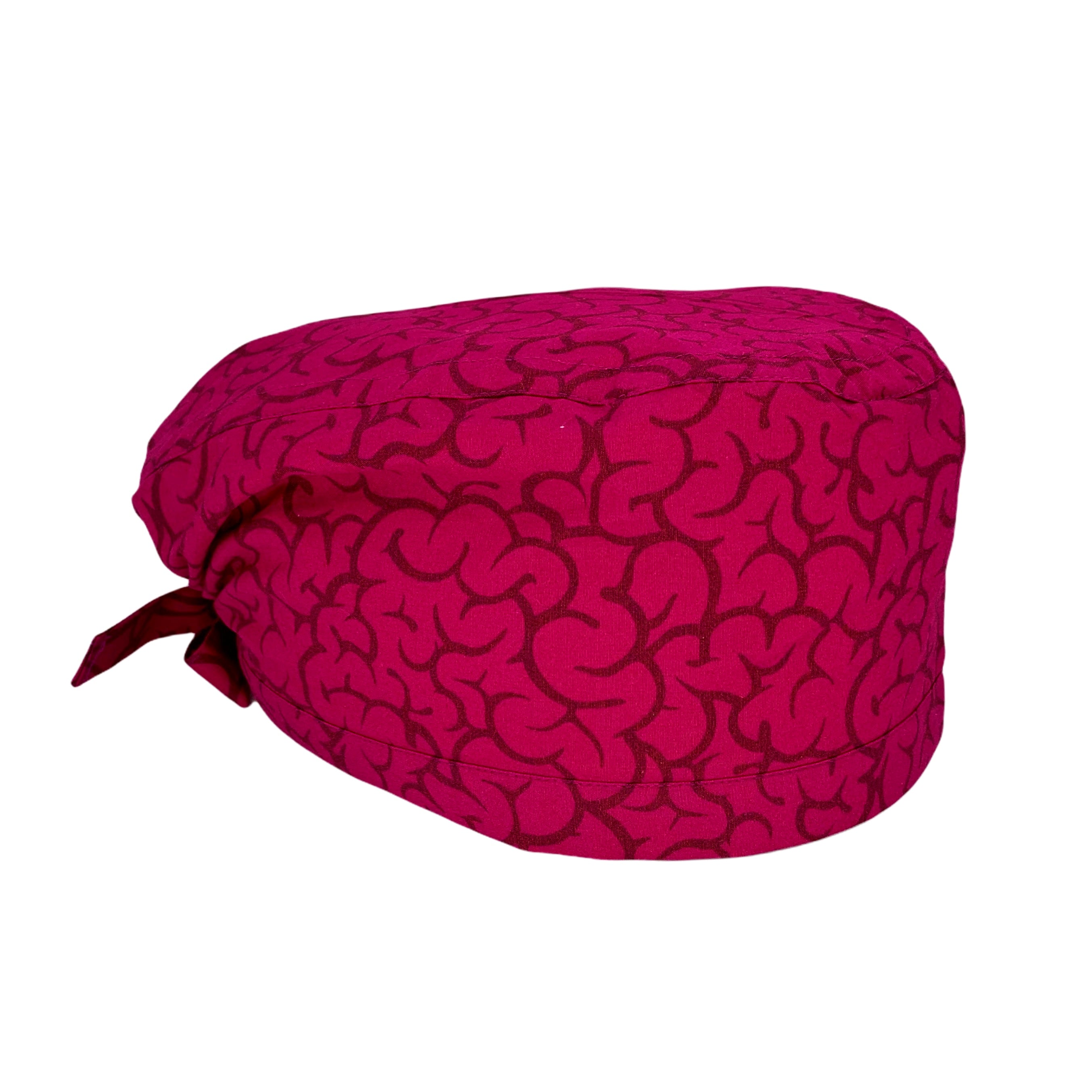 Cuffietta chirurgica con una riproduzione delle rugosità della corteccia cerebrale, in un'intrigante abbinamento di magenta e bordeaux
