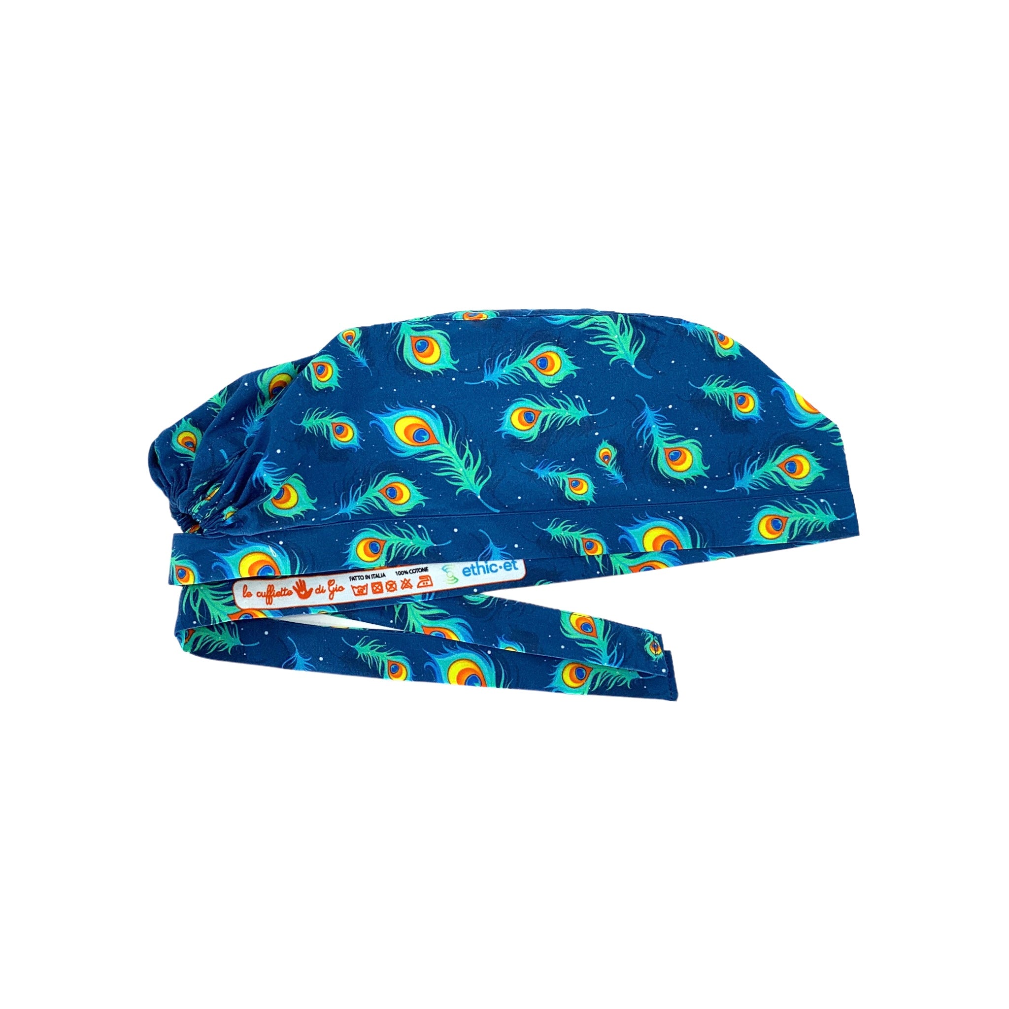 Cuffietta chirurgica blu medio con piume di pavone turchese con il centro giallo e arancione