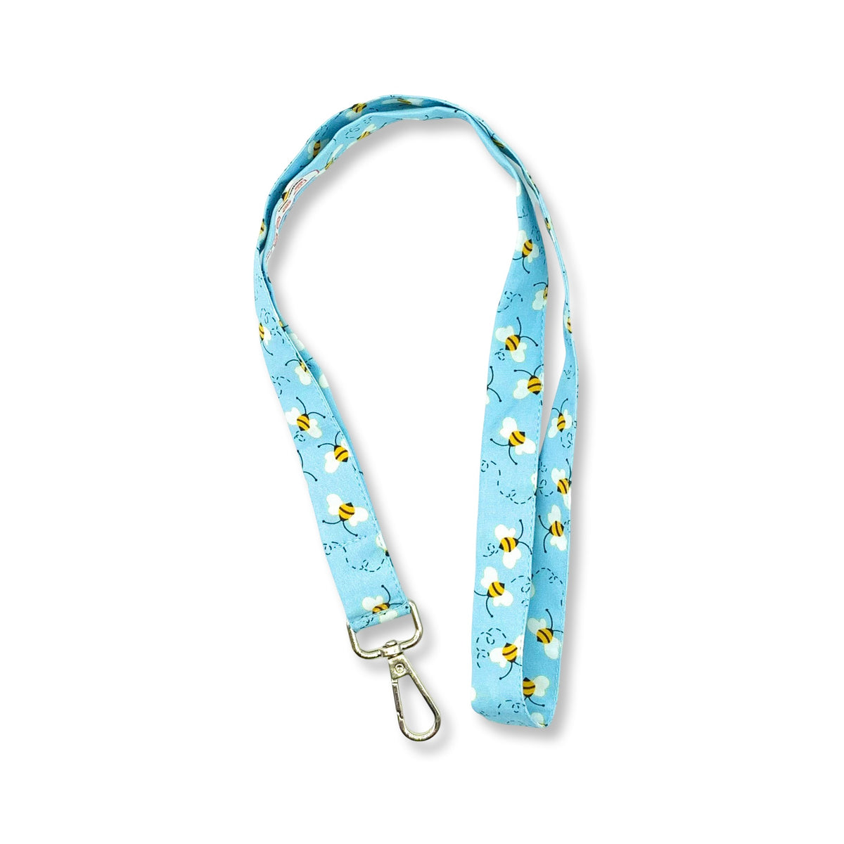 Una fascetta da collo portabadge con tante delicate apine svolazzanti su sfondo azzurro, lunga 45 cm e corredata di moschettone in metallo separabile per il lavaggio grazie al bottone automatico
