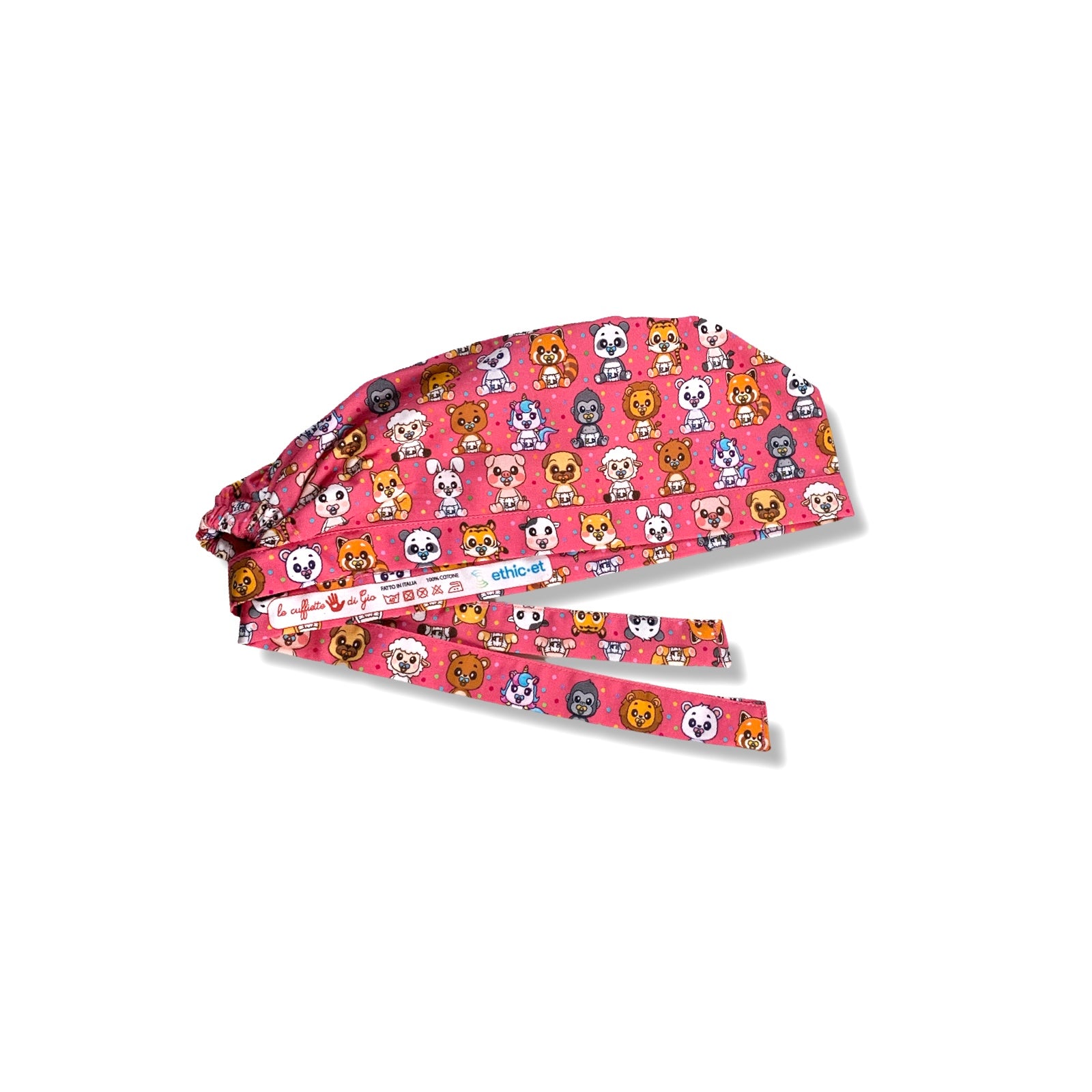 Una dose di dolcezza per questa cuffietta chirurgica con cuccioli di animali con ciuccio e pannolino su base rosa intenso. L'ideale per chi si occupa di nascita e maternità.