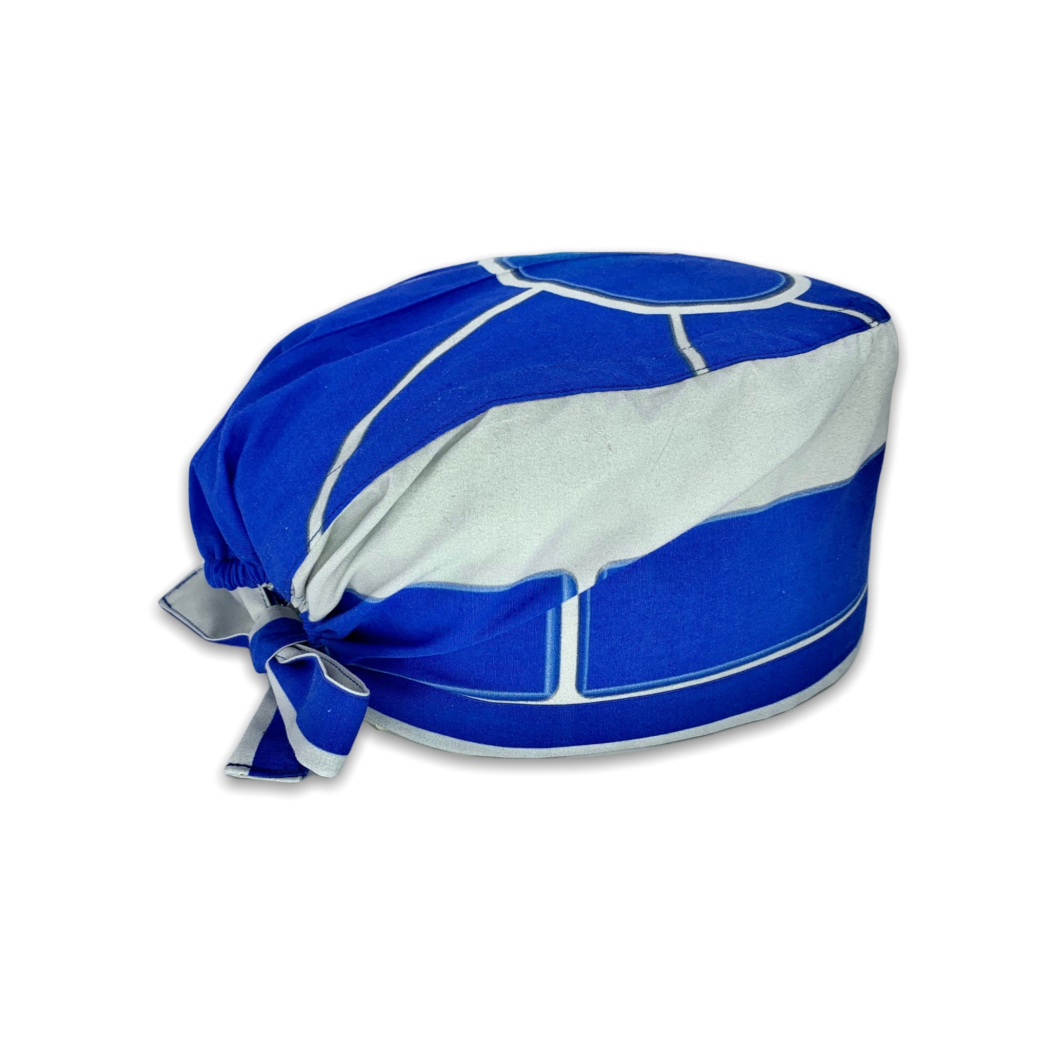 Cuffietta chirurgica che rappresenta il personaggio R2D2, un personaggio meccanico dell'universo fantascientifico di Guerre stellari. Cuffietta chirurgica con simulazione di parti meccaniche, telecamera e sensori, grigia e blu cobalto come il droide astromeccanico di guerre stellari