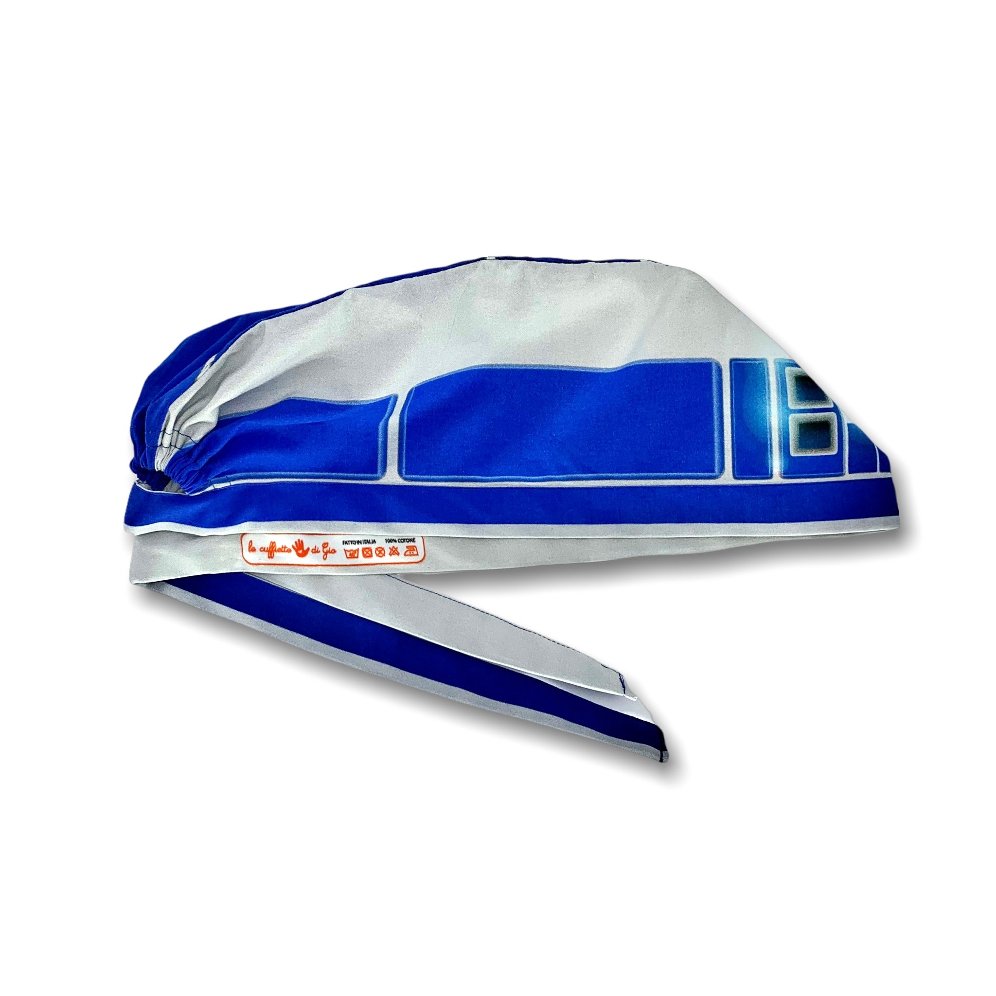 Cuffietta chirurgica che rappresenta il personaggio R2D2, un personaggio meccanico dell'universo fantascientifico di Guerre stellari. Cuffietta chirurgica con simulazione di parti meccaniche, telecamera e sensori, grigia e blu cobalto come il droide astromeccanico di guerre stellari