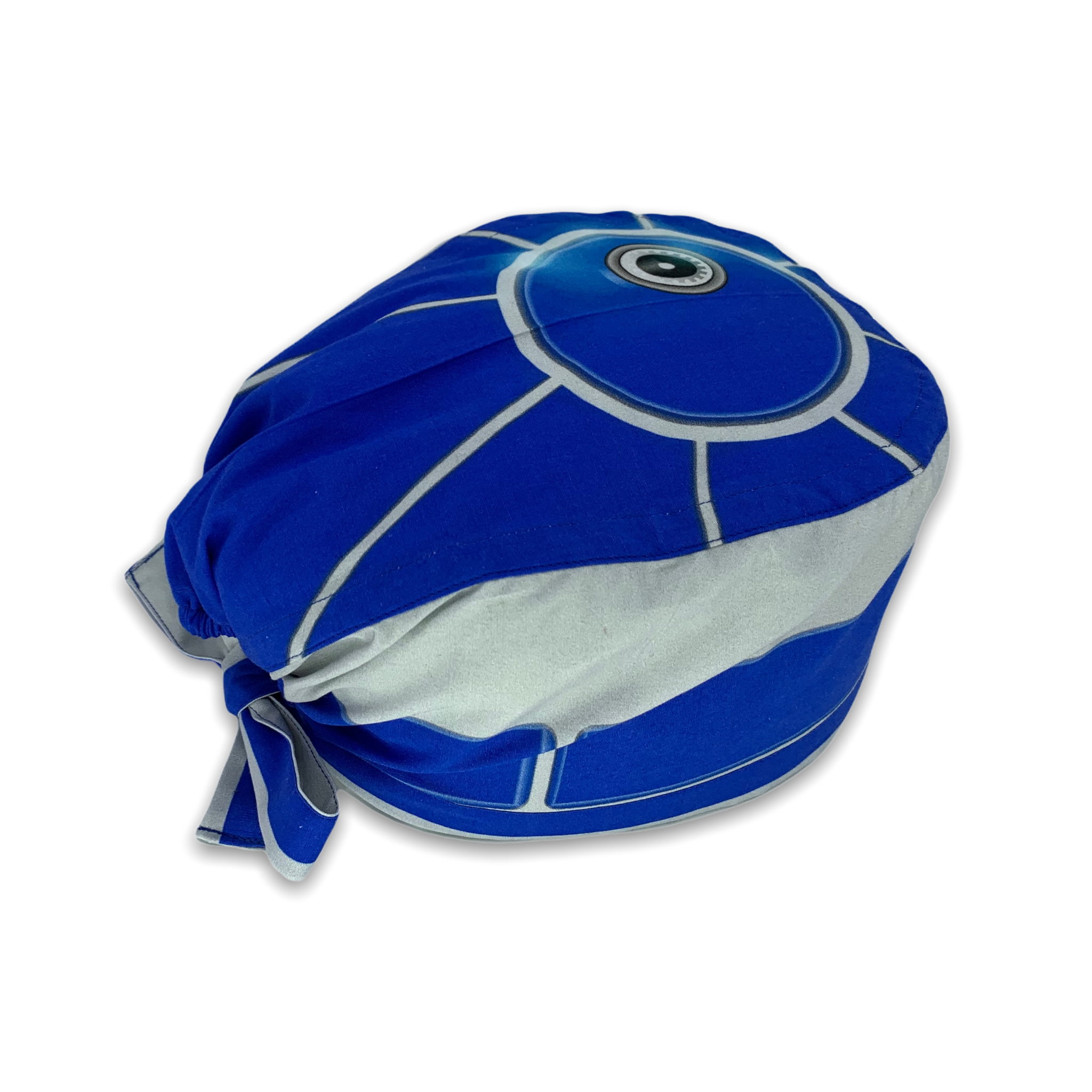 Cuffietta chirurgica che rappresenta il personaggio R2D2, un personaggio meccanico dell'universo fantascientifico di Guerre stellari. Cuffietta chirurgica con simulazione di parti meccaniche, telecamera e sensori, grigia e blu cobalto come il droide astromeccanico di guerre stellari