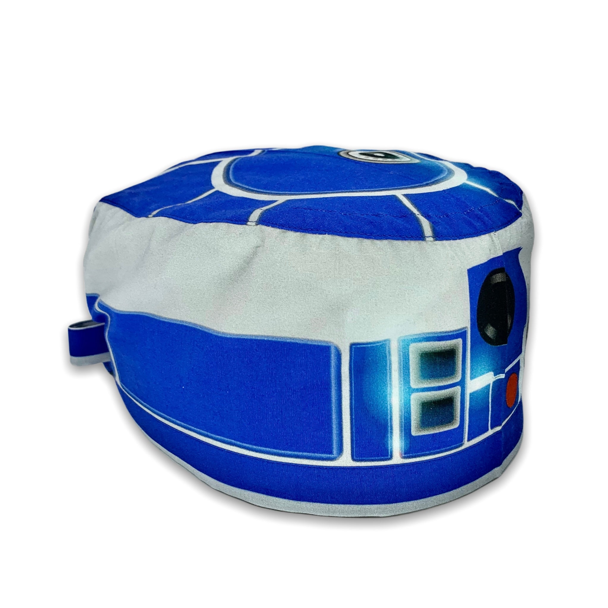 Cuffietta chirurgica che rappresenta il personaggio R2D2, un personaggio meccanico dell'universo fantascientifico di Guerre stellari. Cuffietta chirurgica con simulazione di parti meccaniche, telecamera e sensori, grigia e blu cobalto come il droide astromeccanico di guerre stellari