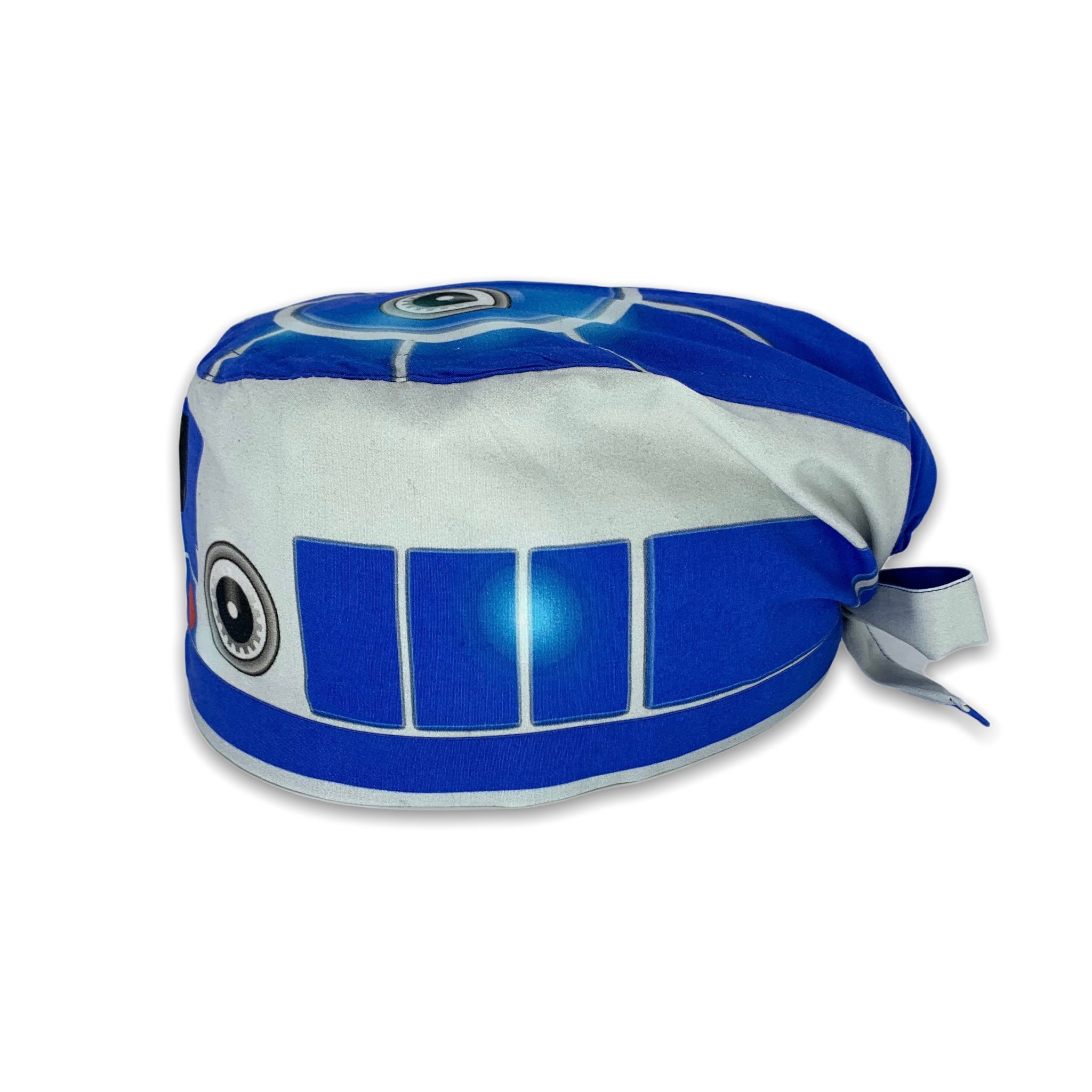 Cuffietta chirurgica che rappresenta il personaggio R2D2, un personaggio meccanico dell'universo fantascientifico di Guerre stellari. Cuffietta chirurgica con simulazione di parti meccaniche, telecamera e sensori, grigia e blu cobalto come il droide astromeccanico di guerre stellari