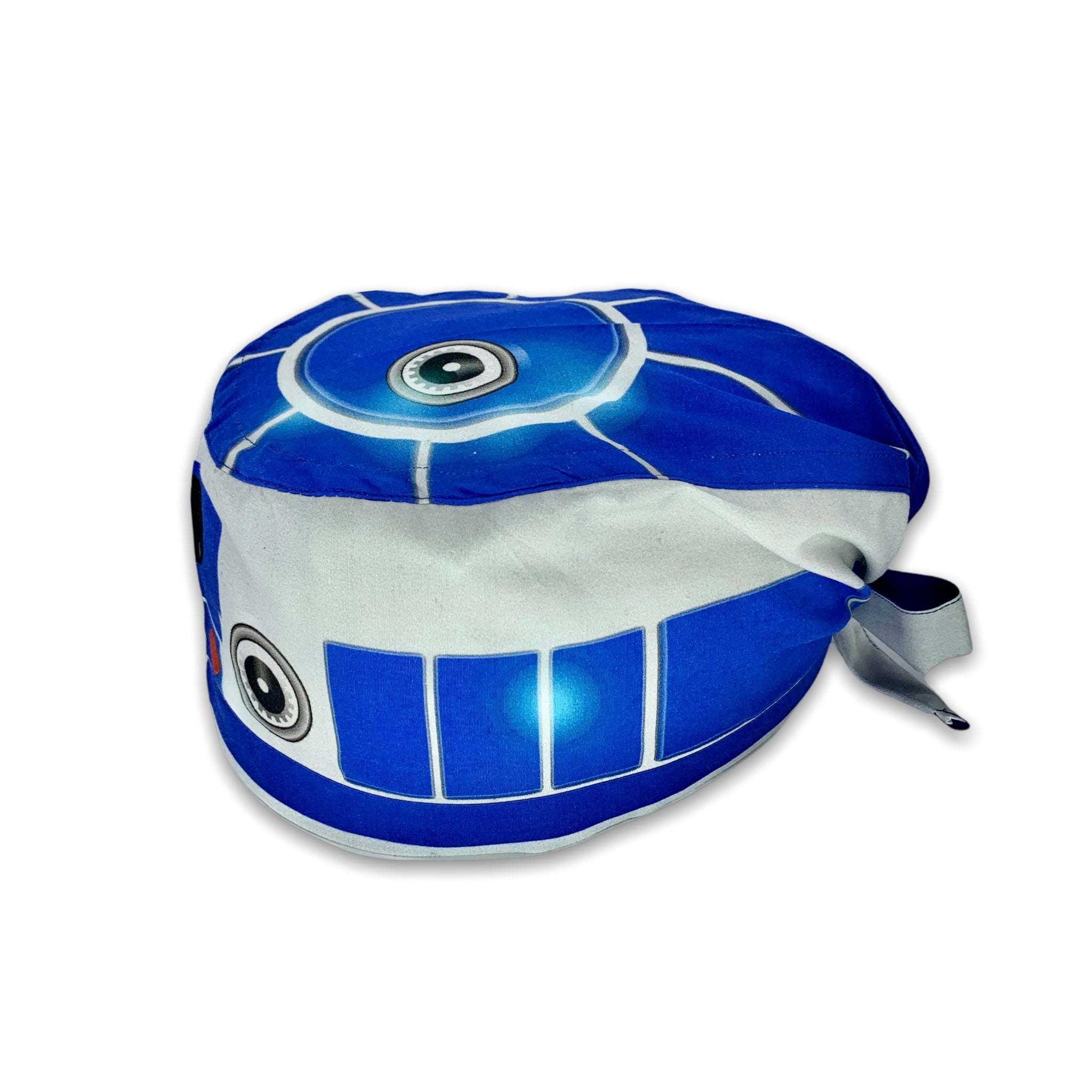 Cuffietta chirurgica che rappresenta il personaggio R2D2, un personaggio meccanico dell'universo fantascientifico di Guerre stellari. Cuffietta chirurgica con simulazione di parti meccaniche, telecamera e sensori, grigia e blu cobalto come il droide astromeccanico di guerre stellari