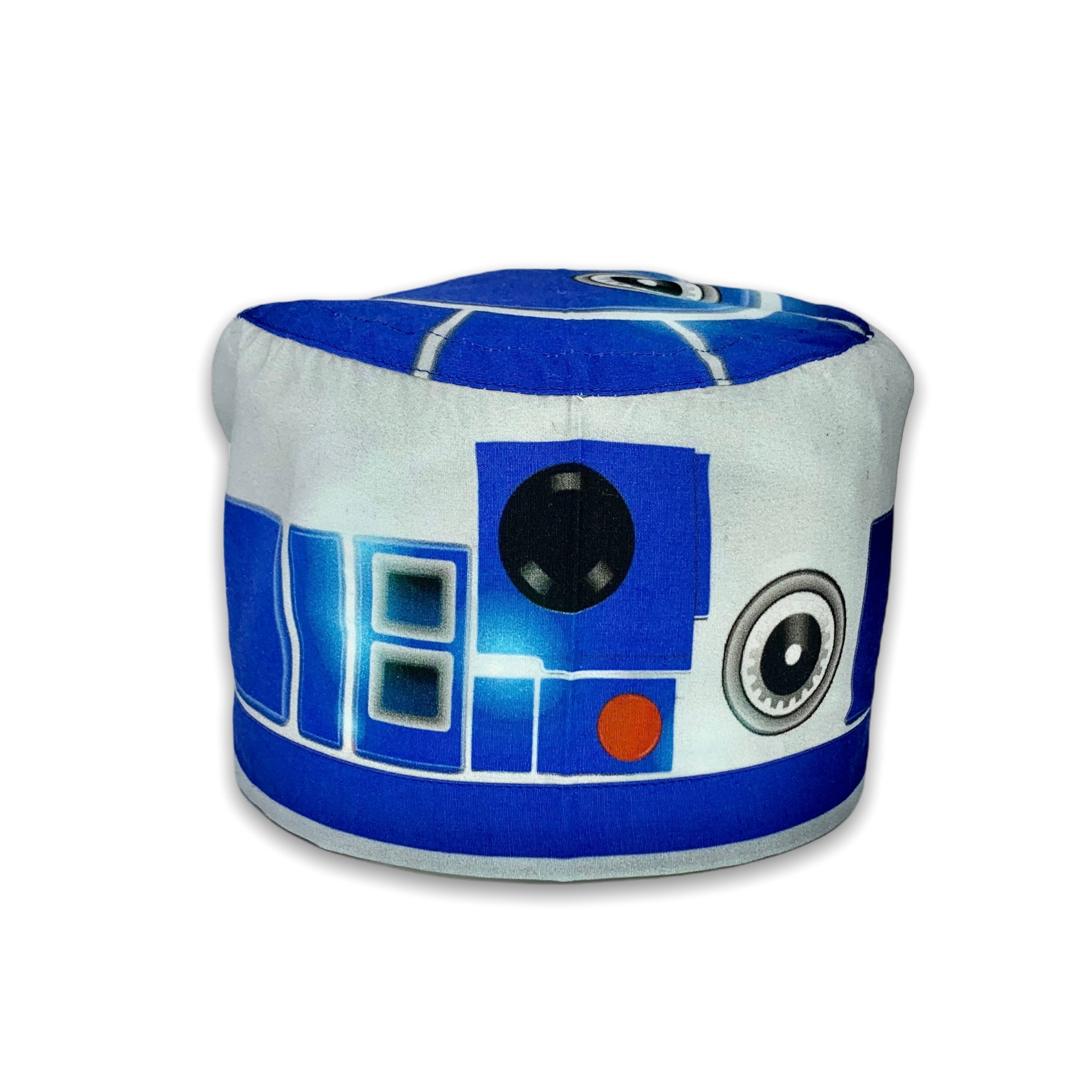 Cuffietta chirurgica che rappresenta il personaggio R2D2, un personaggio meccanico dell'universo fantascientifico di Guerre stellari. Cuffietta chirurgica con simulazione di parti meccaniche, telecamera e sensori, grigia e blu cobalto come il droide astromeccanico di guerre stellari