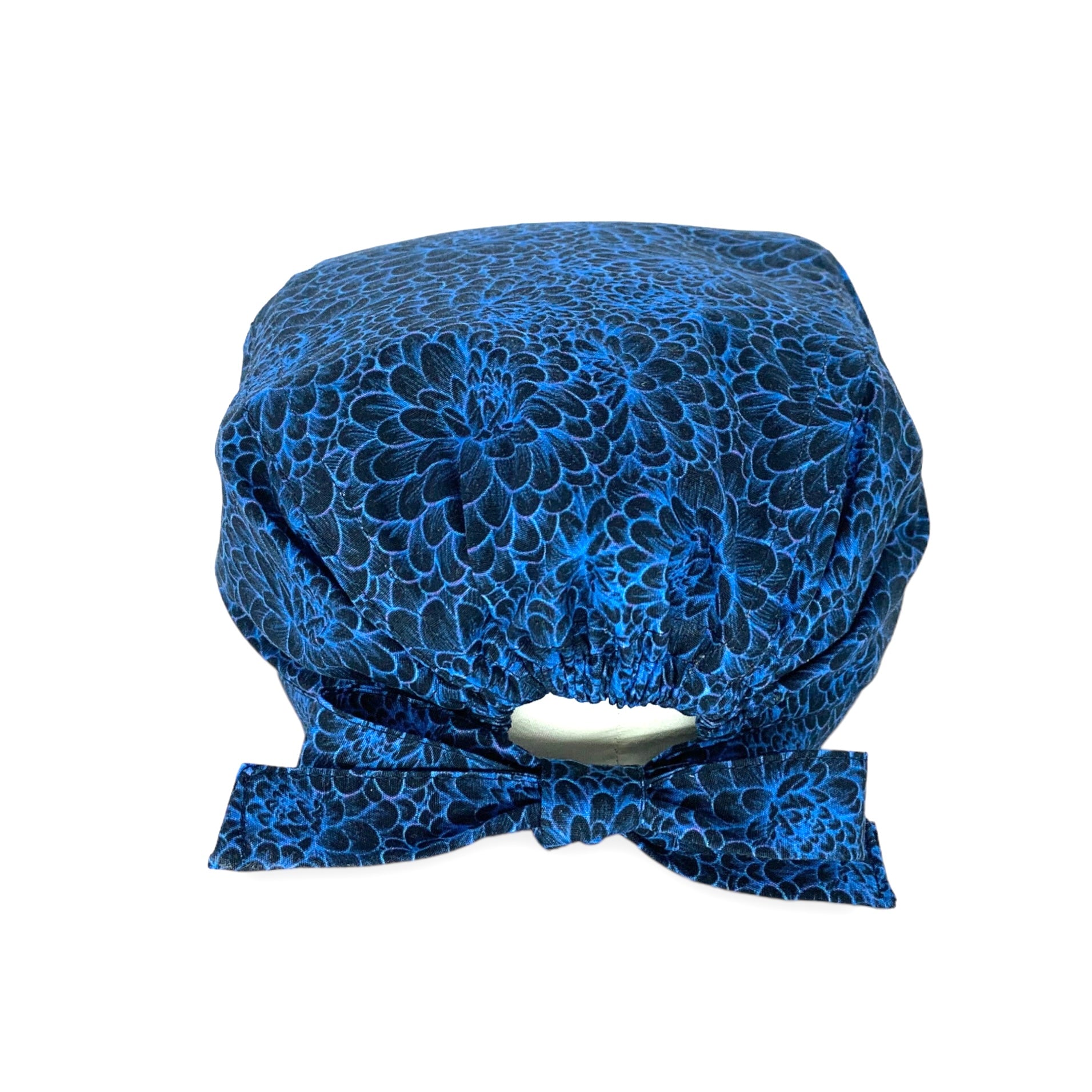 Cuffietta chirurgica che riproduce quella indossata dal mitico Dr. Richard Webber in Grey's Anatomy, sfondo nero e dalie stilizzate blu acceso