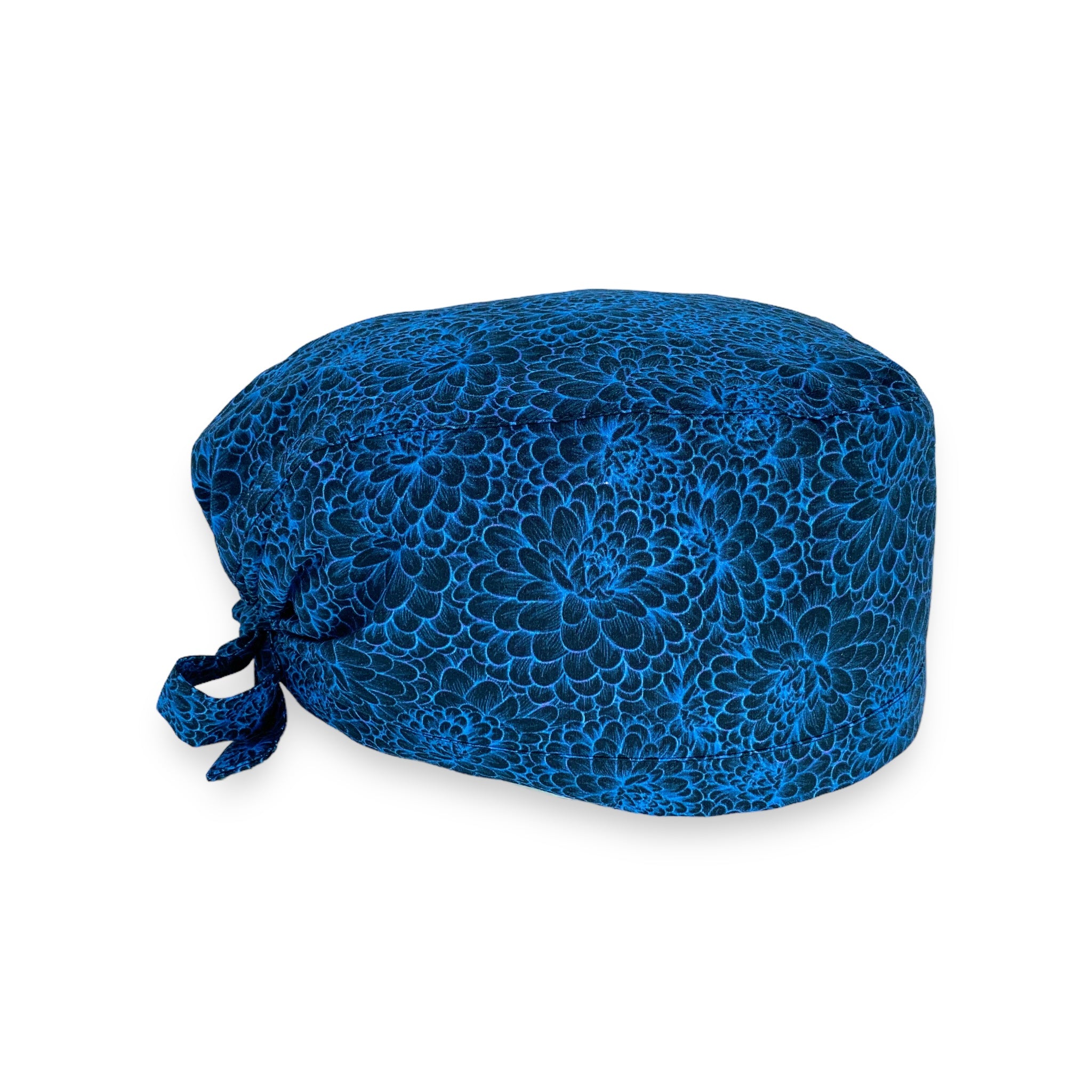 Cuffietta chirurgica che riproduce quella indossata dal mitico Dr. Richard Webber in Grey's Anatomy, sfondo nero e dalie stilizzate blu acceso