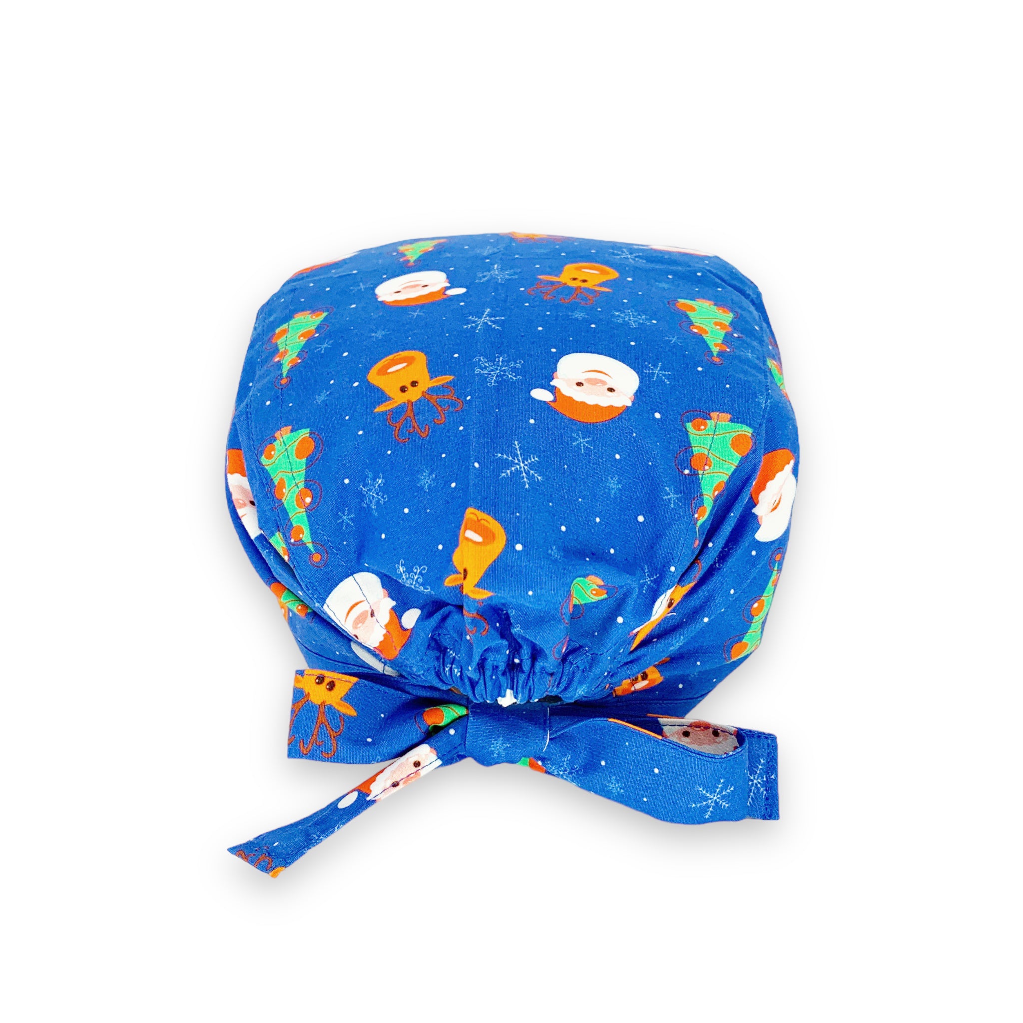 Cuffietta chirurgica con due personaggi classici del Natale: babbo Natale e la sua renna Rudoplh, su sfondo blu medio