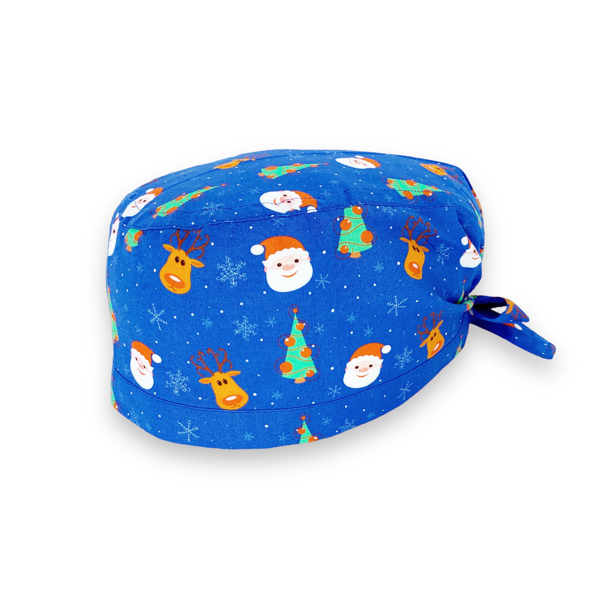 Cuffietta chirurgica con due personaggi classici del Natale: babbo Natale e la sua renna Rudoplh, su sfondo blu medio