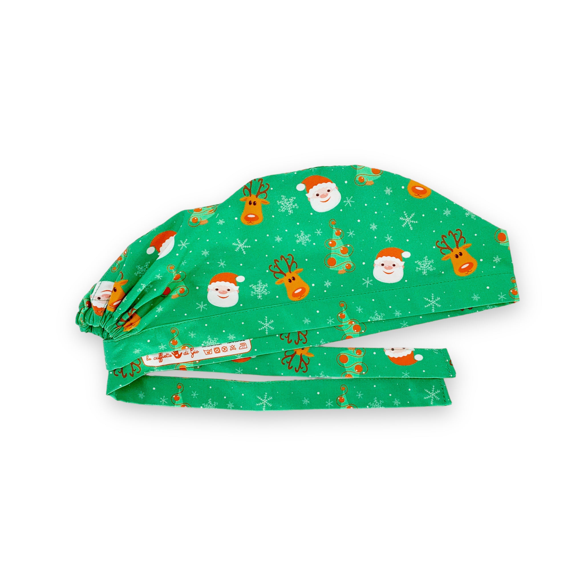 Cuffietta chirurgica con due personaggi classici del Natale: babbo Natale e la sua renna Rudoplh, su sfondo verde