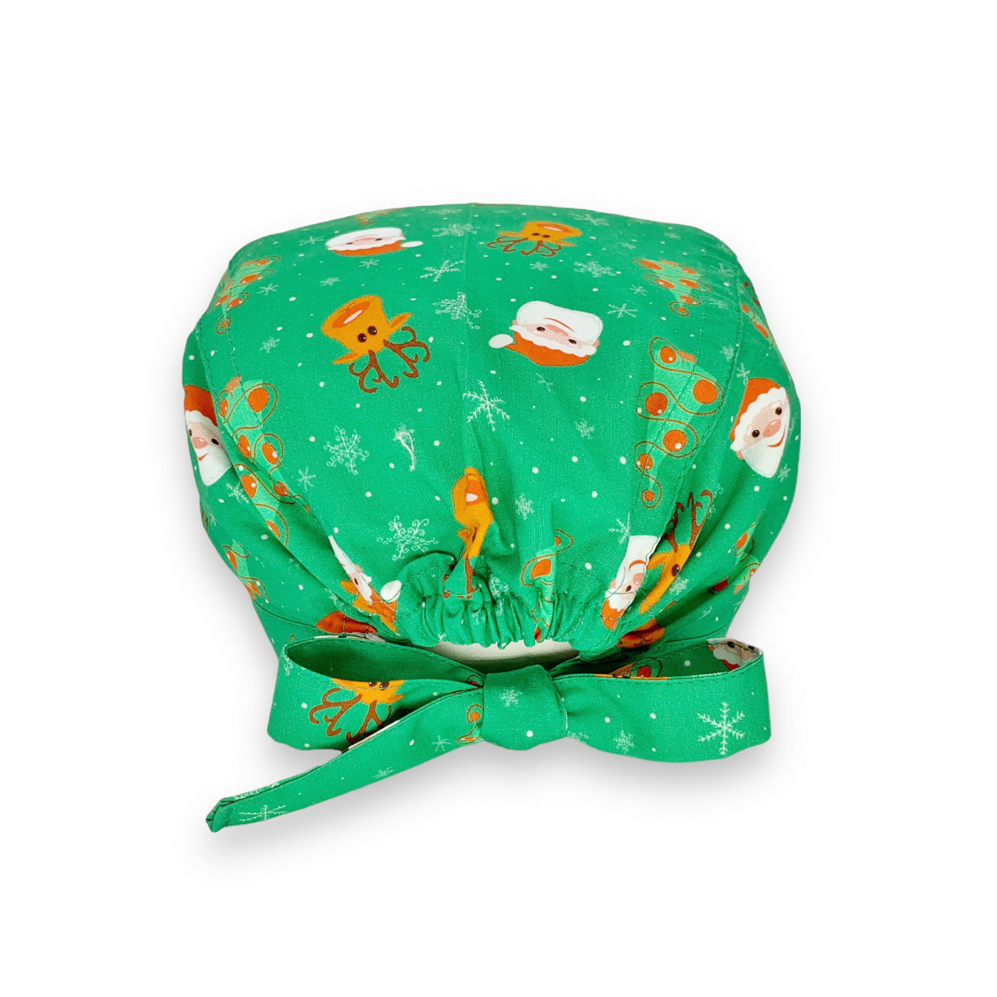 Cuffietta chirurgica con due personaggi classici del Natale: babbo Natale e la sua renna Rudoplh, su sfondo verde